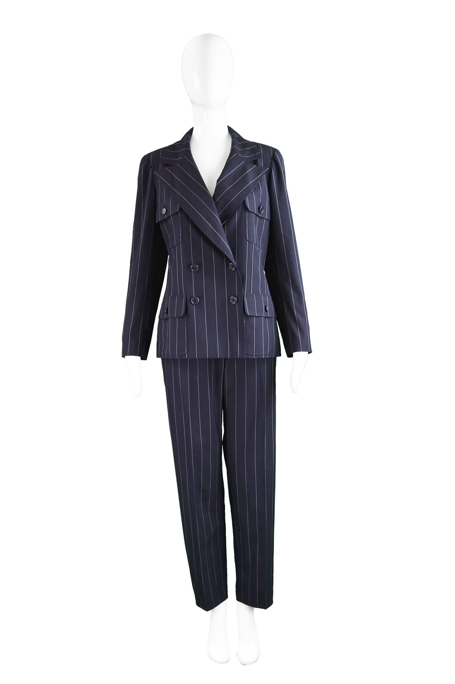 Chanel Womens Vintage Menswear Inspired Pinstripe Pant Suit, S/S 1997

Estimated Modern Size: UK 10-12/ US 6-8/ EU 38-40. Please check measurements.
Jacket
Bust -38” / 96cm (please remember to leave a couple of inches room for movement)
Waist - 34”