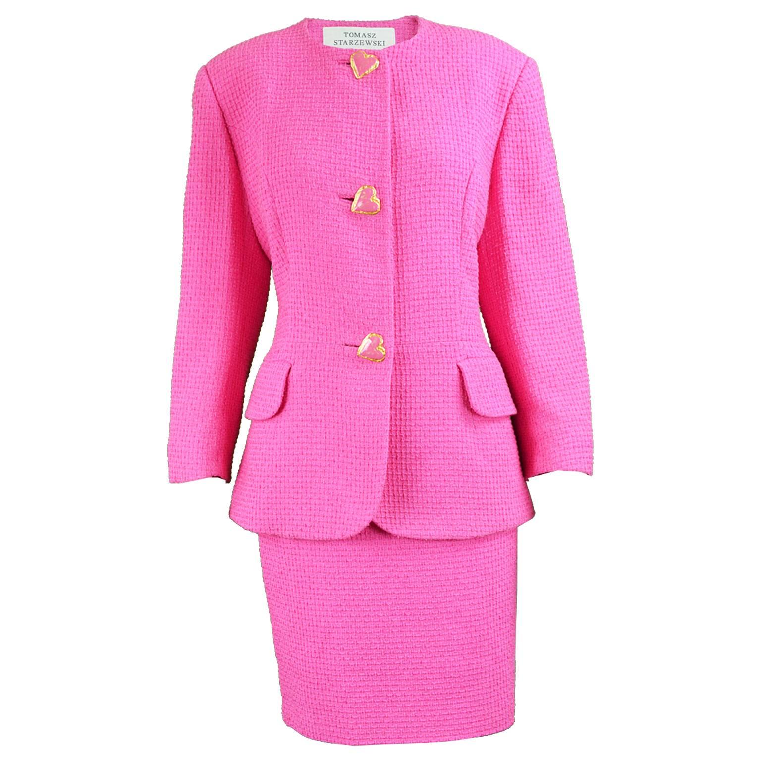 Tomasz Starzewski Pink Cotton Bouclé Skirt Suit with Love Heart Buttons, 1980s