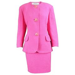 Tomasz Starzewski Pink Cotton Bouclé Skirt Suit with Love Heart Buttons, 1980s Tomasz Starzewski Pink Cotton Bouclé Skirt Suit with Love Heart Buttons, 1980s