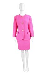 Tomasz Starzewski Pink Cotton Bouclé Skirt Suit with Love Heart Buttons, 1980s