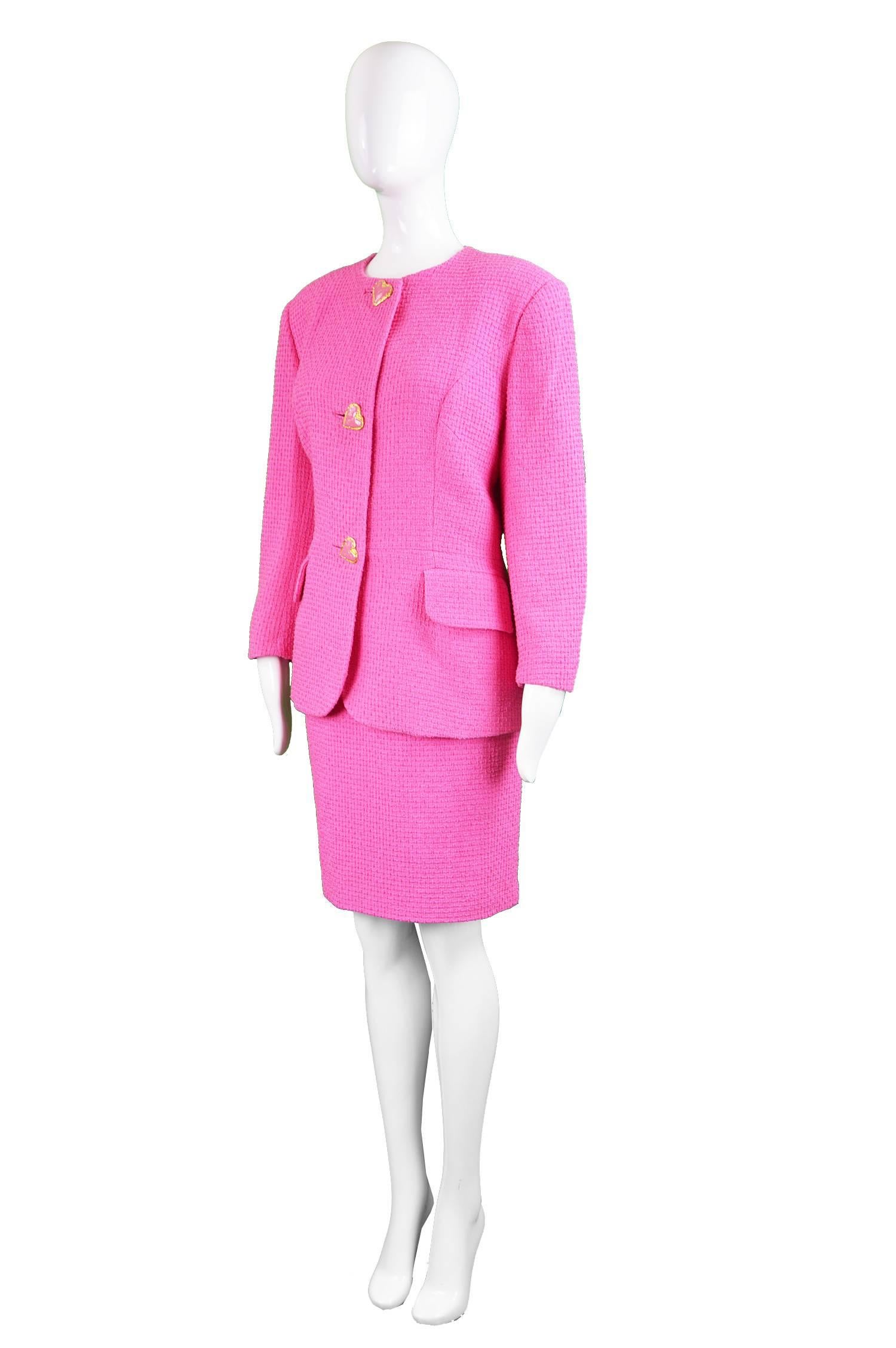 Tomasz Starzewski Pink Cotton Bouclé Skirt Suit with Love Heart Buttons, 1980s 1