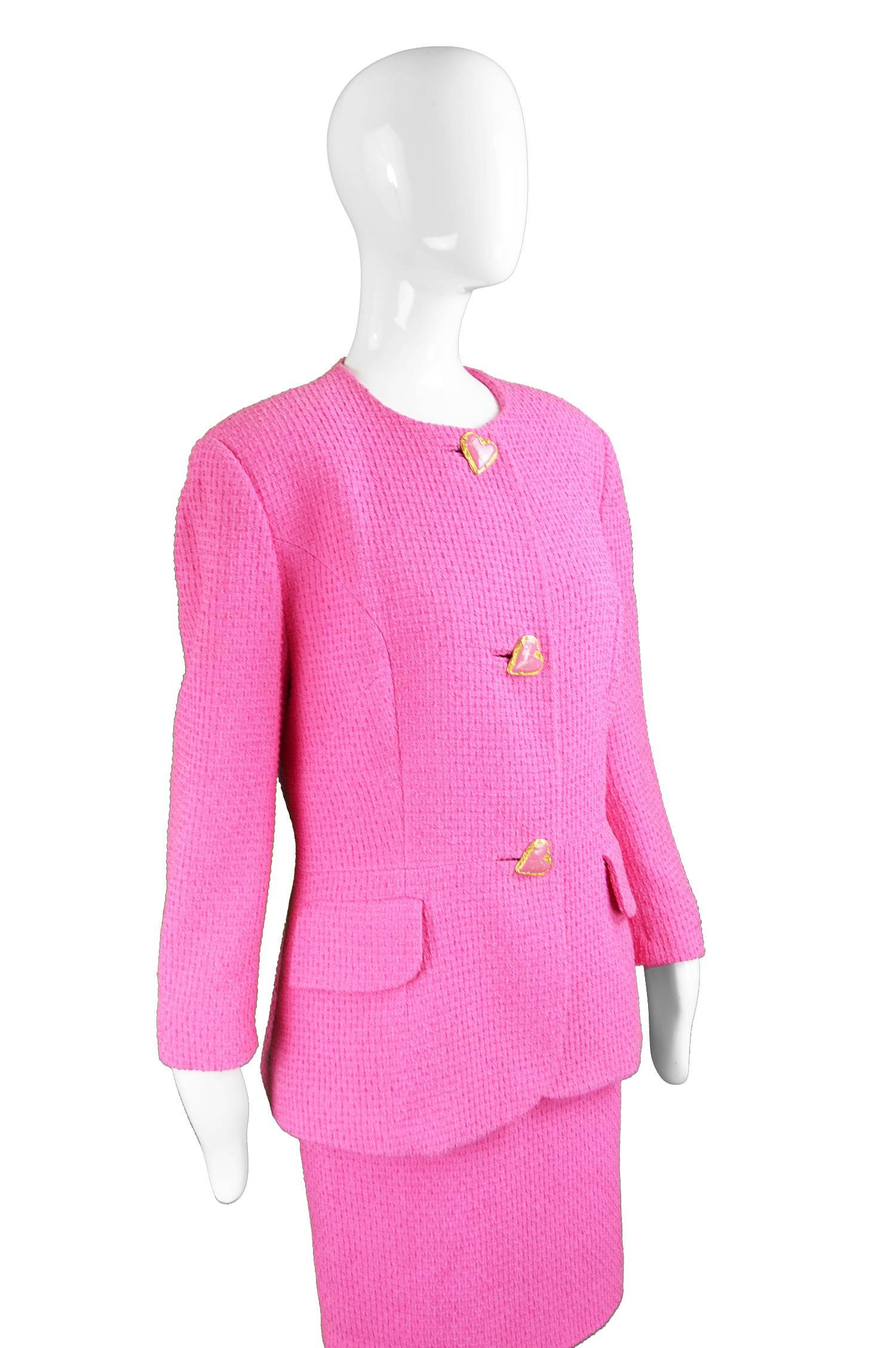 Tomasz Starzewski Pink Cotton Bouclé Skirt Suit with Love Heart Buttons, 1980s In Excellent Condition In Doncaster, South Yorkshire