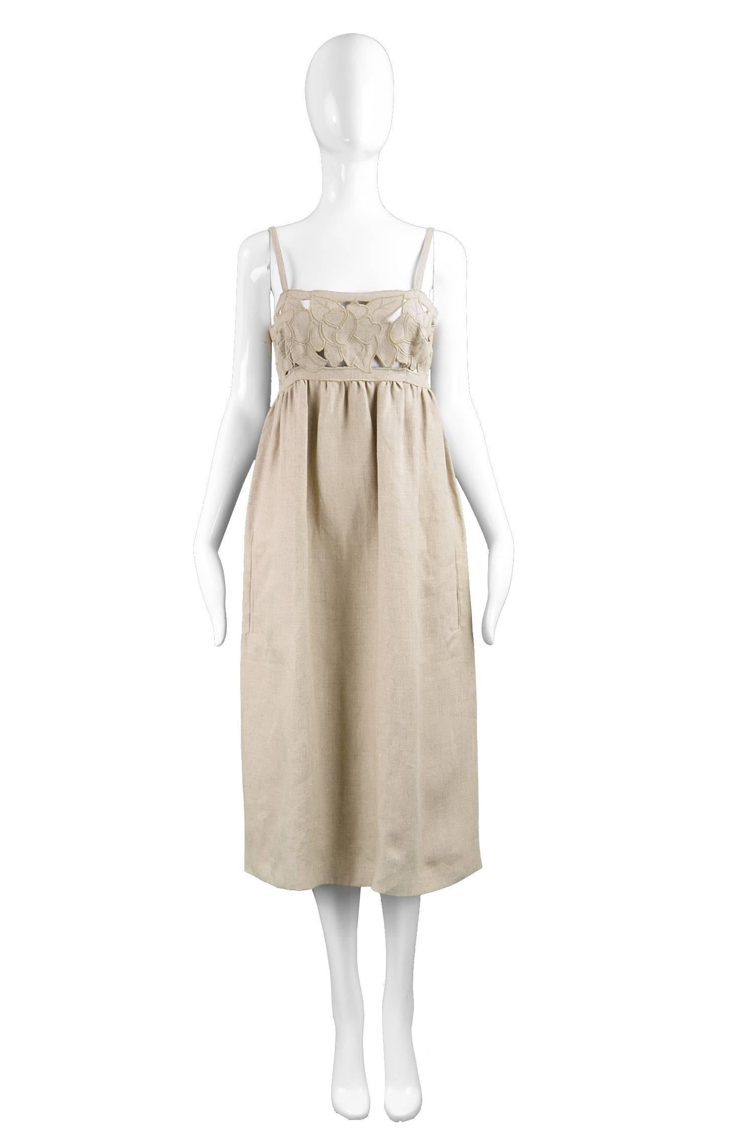 Krizia Sheer Embroidered Cutwork Oatmeal Linen Vintage Dress, 1970s


Estimated Size: UK 8/ US 4/ EU 36. Please check measurements
Bust - 32" / 81cm
Empire Waist - 29" / 74cm
Hips - up to 44" / 112cm
Length (shoulder to hem) -