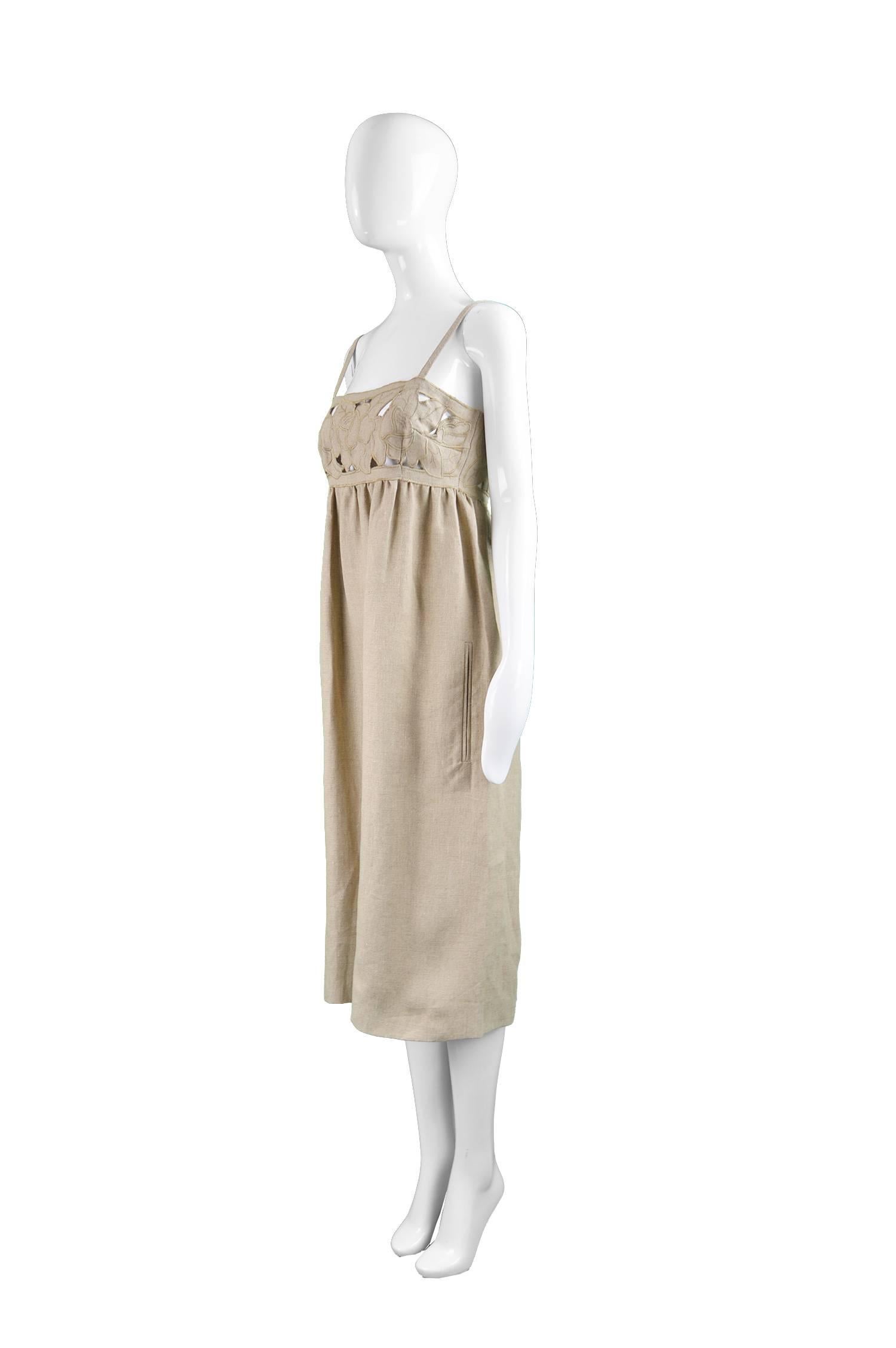 Krizia Sheer Embroidered Cutwork Oatmeal Linen Vintage Dress, 1970s 1