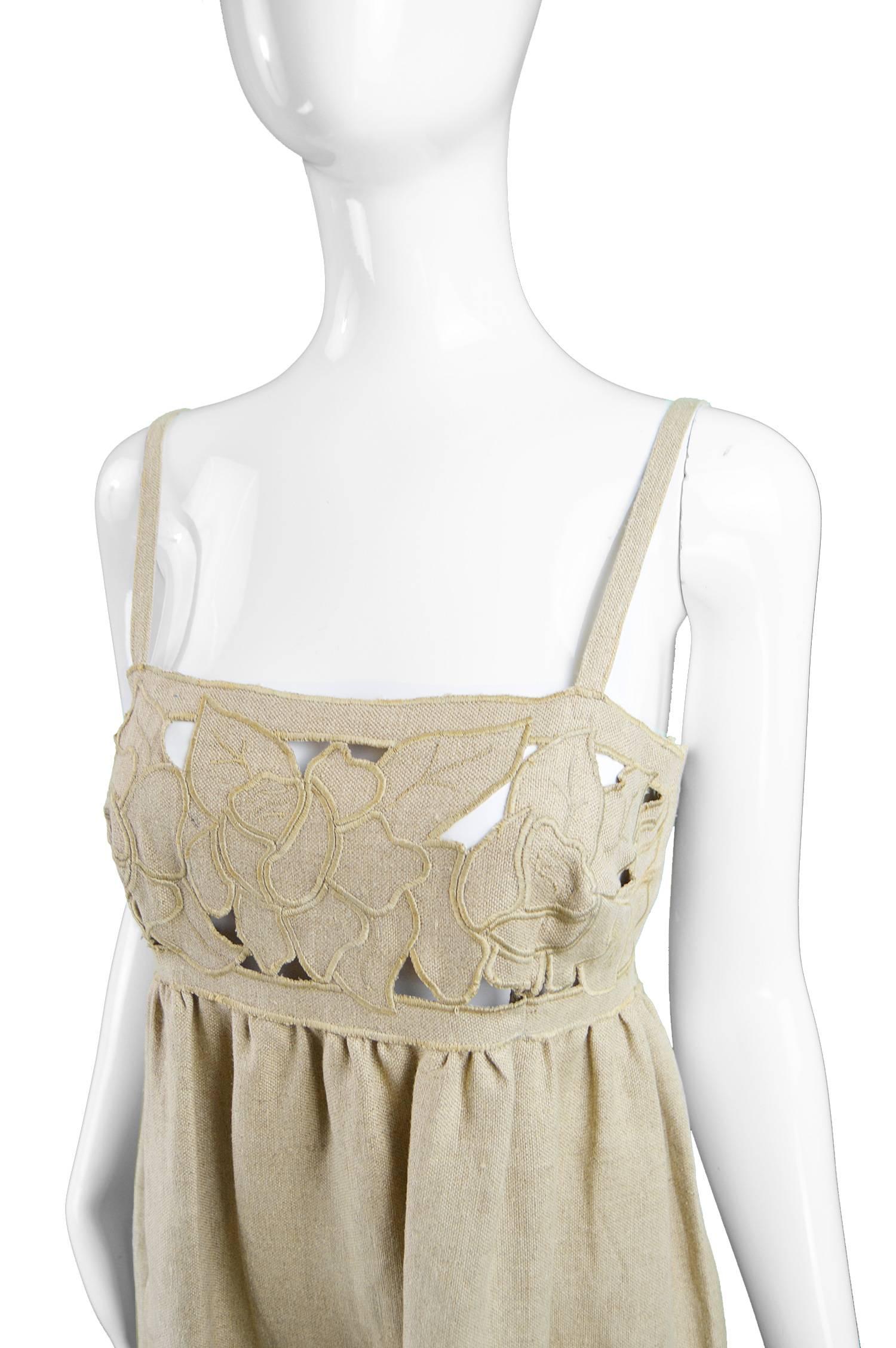 Beige Krizia Sheer Embroidered Cutwork Oatmeal Linen Vintage Dress, 1970s