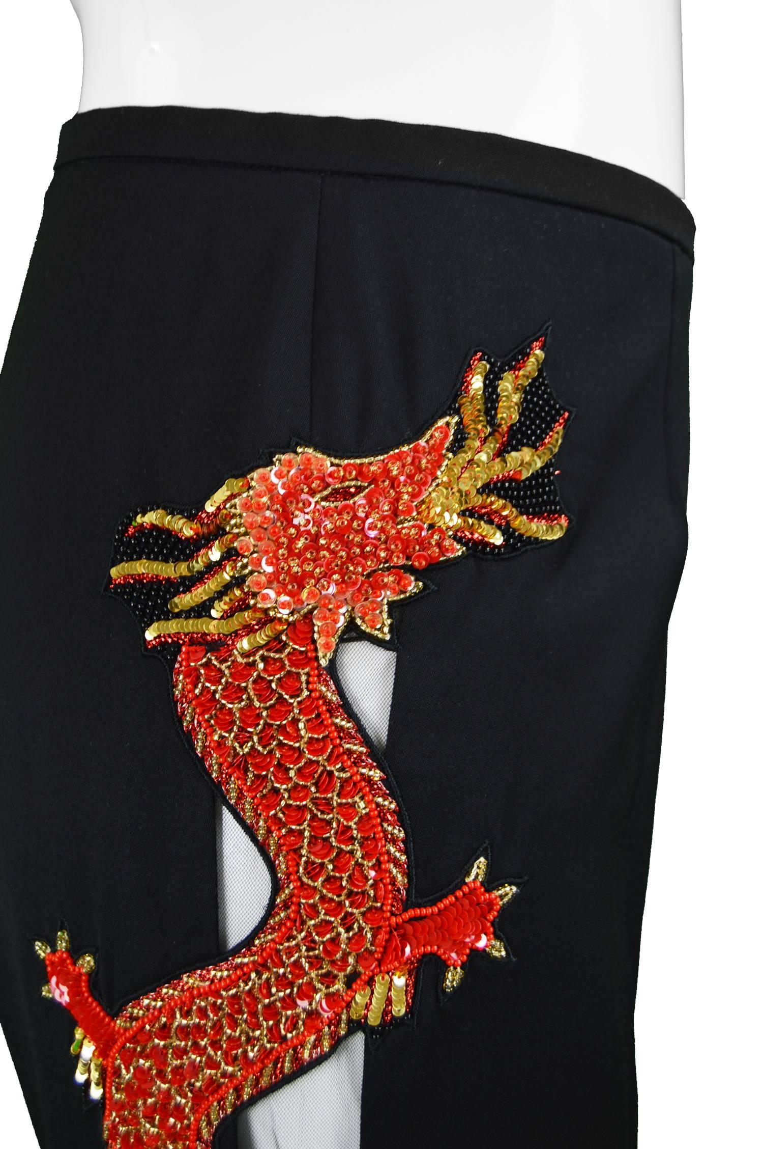 Black Escada Beaded Red Dragon Wool Sateen & Silk Tulle Pants