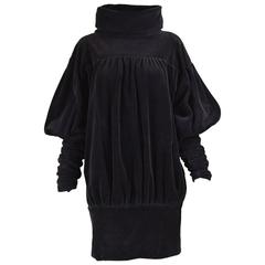 Gina Fratini Avant Garde Black Puff Sleeve Velour Dress, 1970s