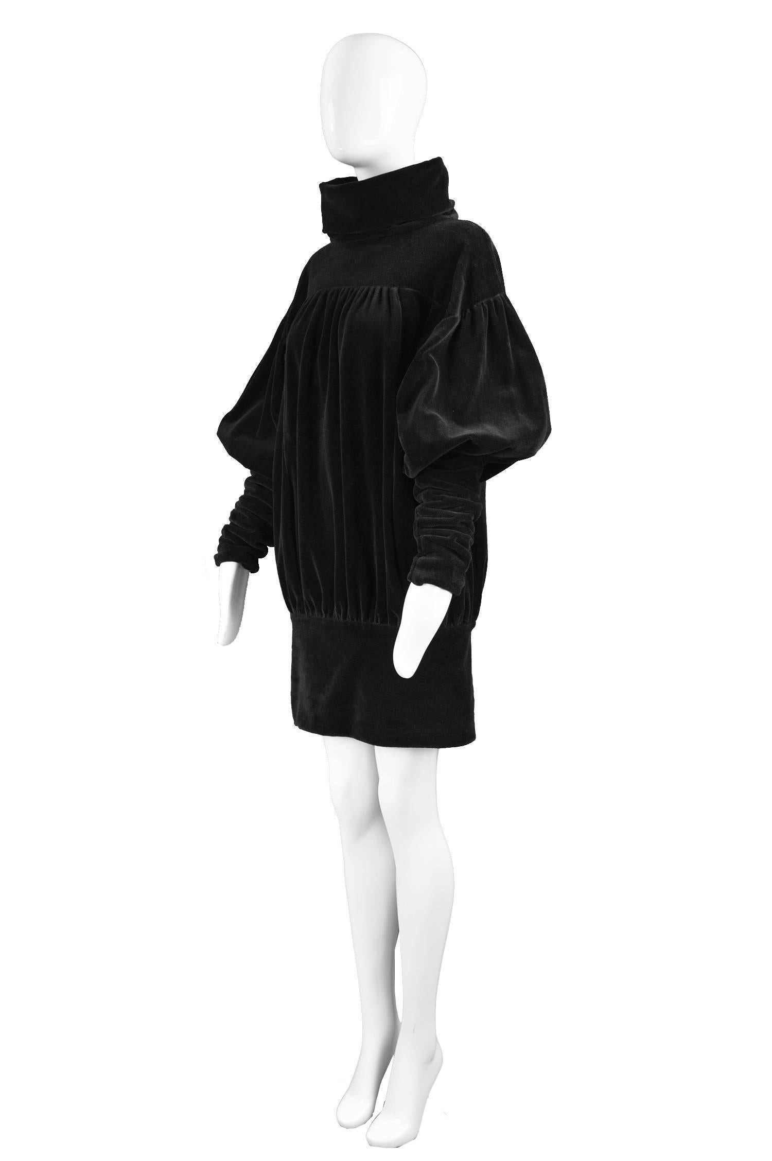Women's Gina Fratini Avant Garde Black Puff Sleeve Velour Dress, 1970s