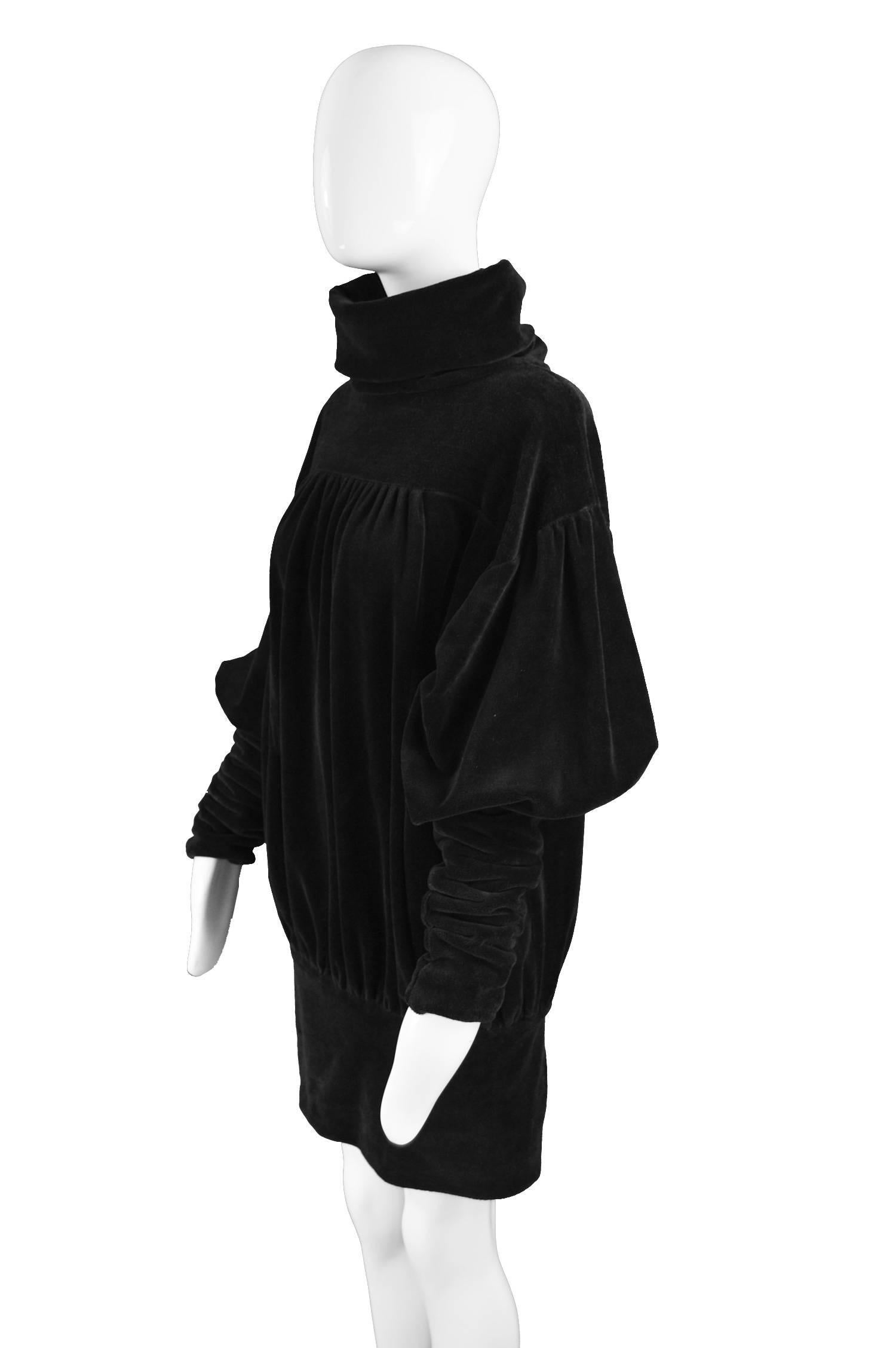 Gina Fratini Avant Garde Black Puff Sleeve Velour Dress, 1970s 2