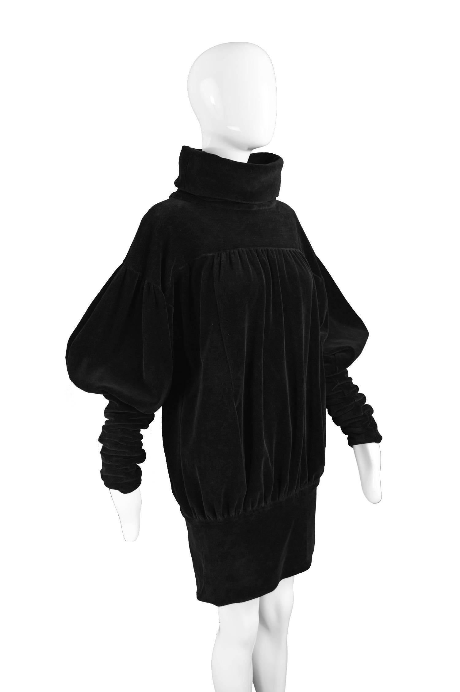 Gina Fratini Avant Garde Black Puff Sleeve Velour Dress, 1970s 1