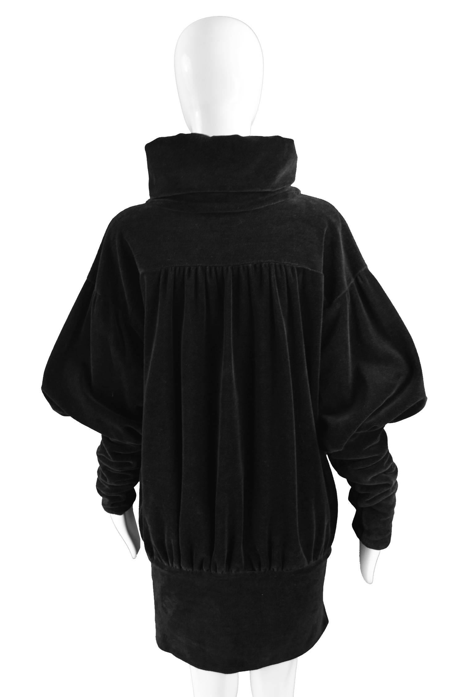 Gina Fratini Avant Garde Black Puff Sleeve Velour Dress, 1970s 3