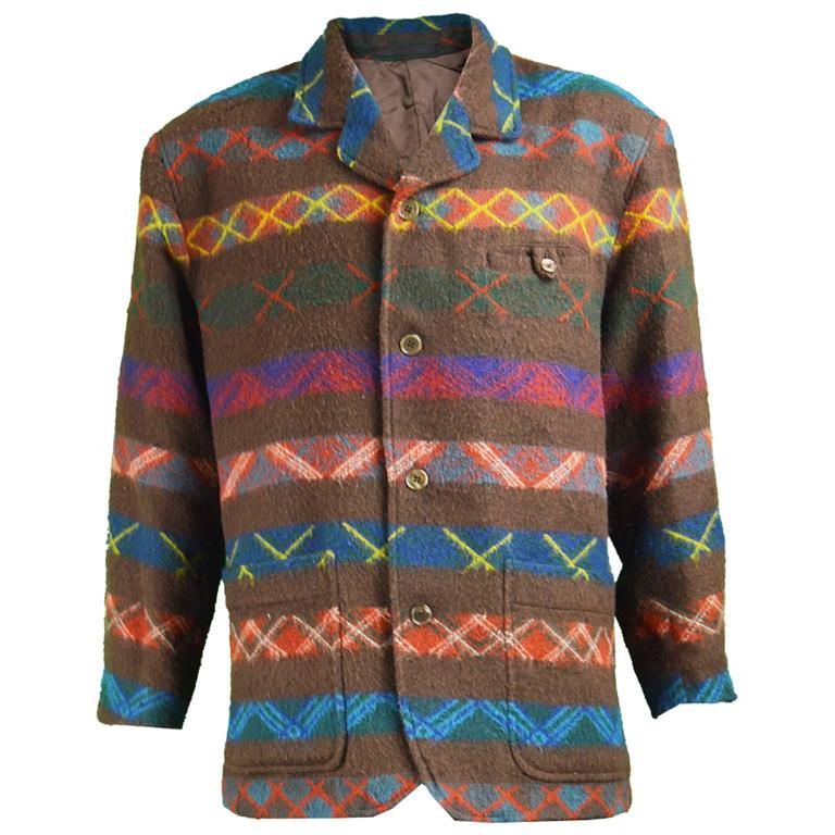 Kenzo Homme Men's Brown and Teal Striped Fuzzy Wool Blanket Coat, 1990s