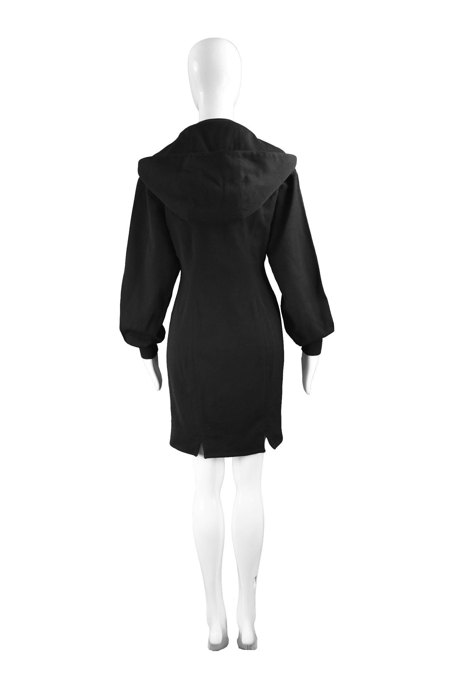 Claude Montana Vintage Black Hooded Wool Mini Dress, 1980s 5