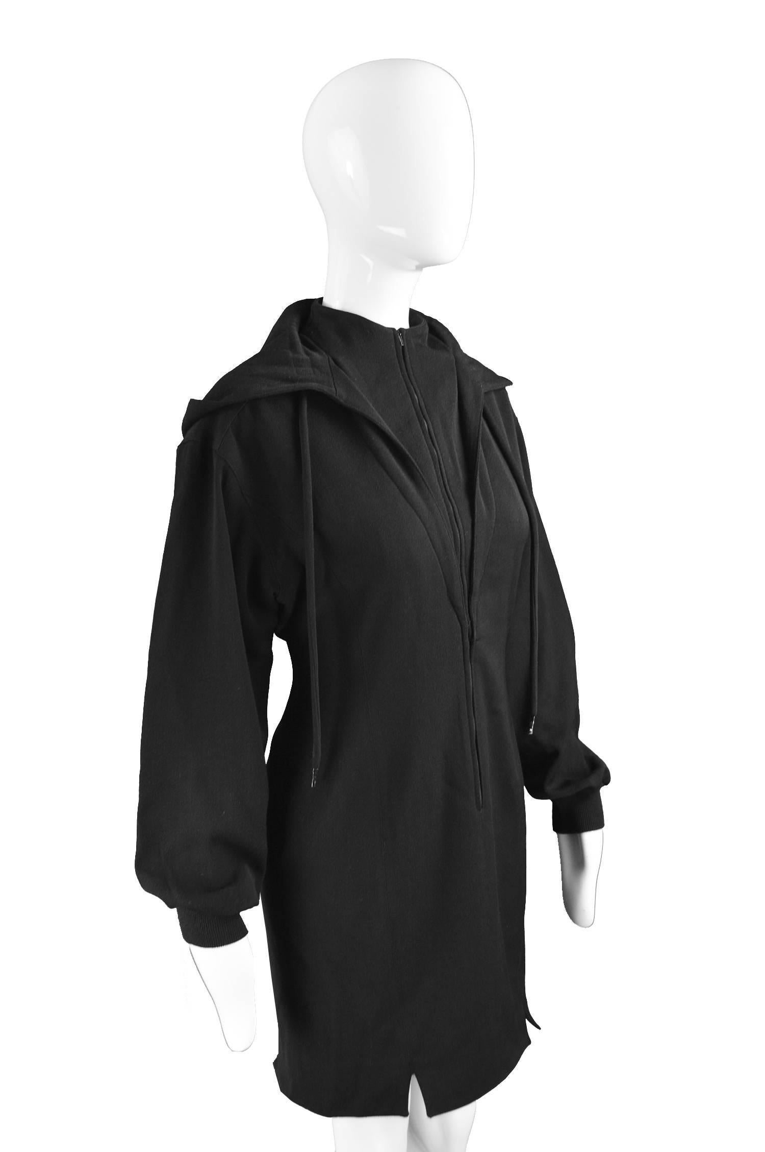 Claude Montana Vintage Black Hooded Wool Mini Dress, 1980s 3