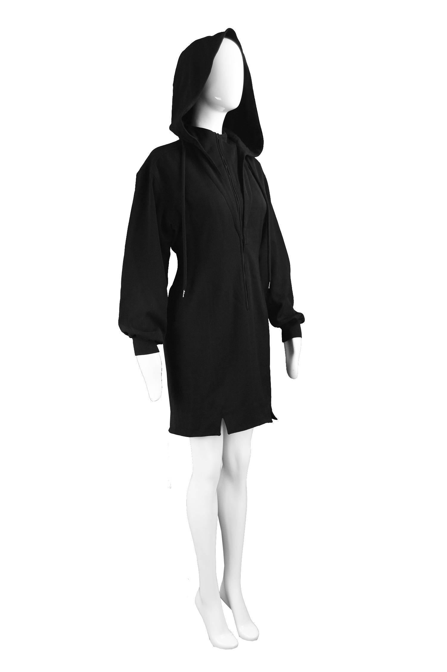 Claude Montana Vintage Black Hooded Wool Mini Dress, 1980s 2