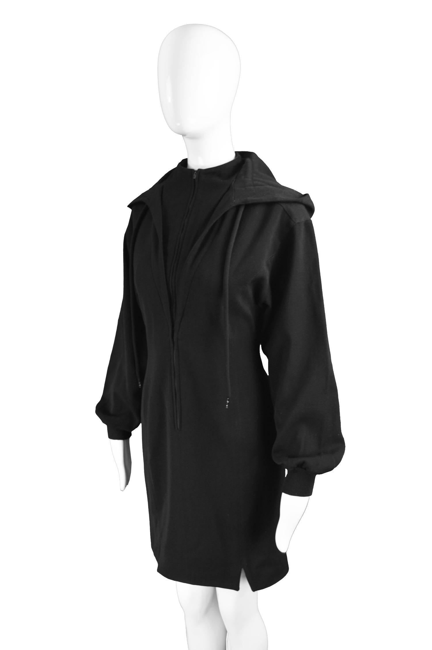 Claude Montana Vintage Black Hooded Wool Mini Dress, 1980s 1