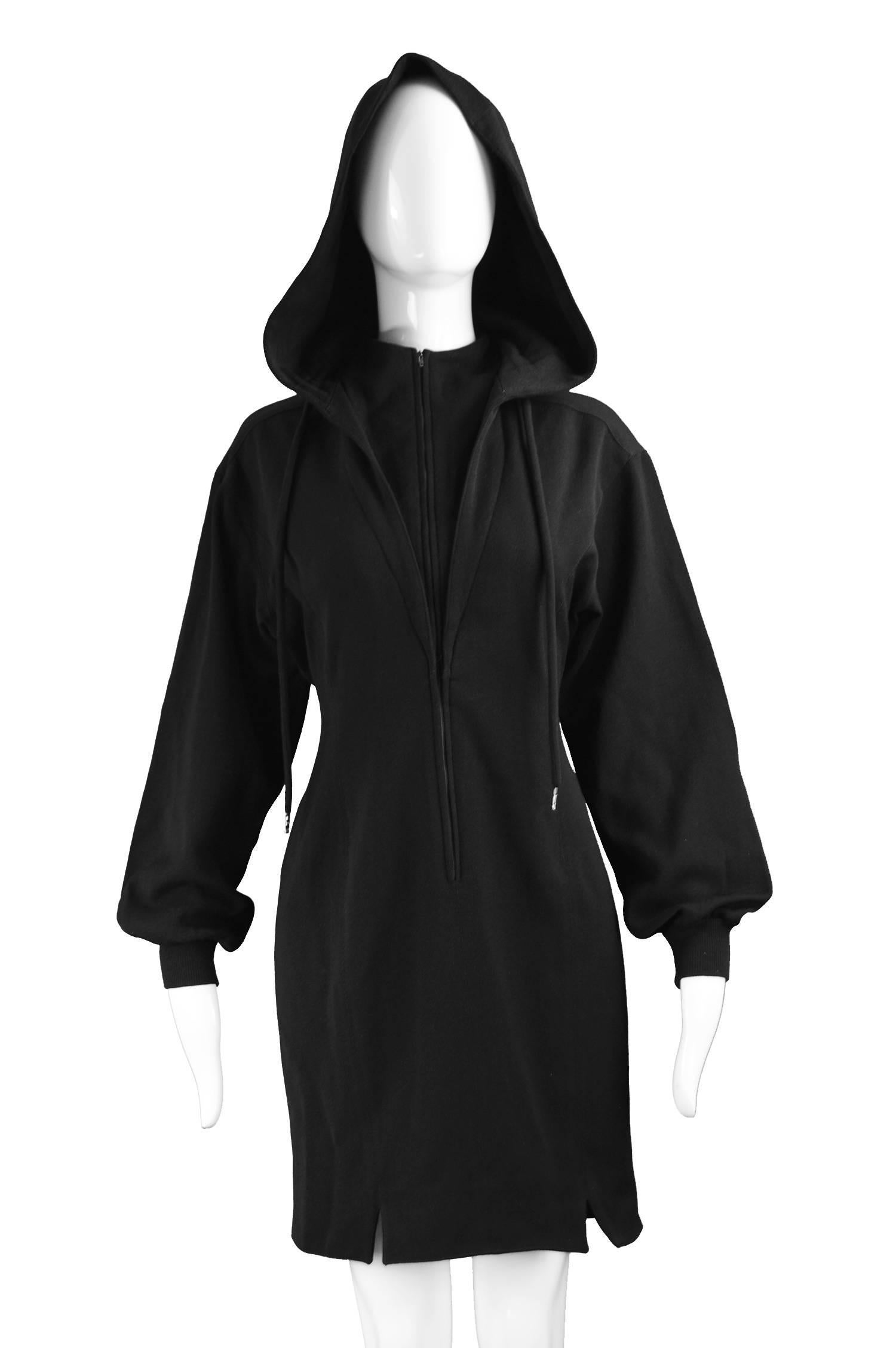 Claude Montana Vintage Black Hooded Wool Mini Dress, 1980s In Excellent Condition In Doncaster, South Yorkshire
