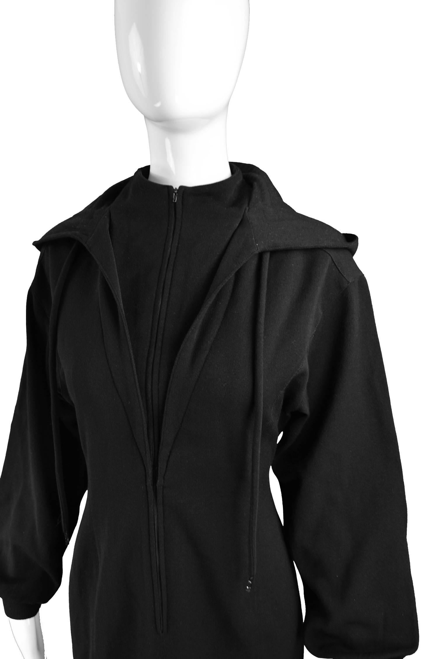 Women's Claude Montana Vintage Black Hooded Wool Mini Dress, 1980s