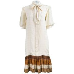 Andrea Odicini Cream and Brown Silk Drop Waist Shift Dress with Pussy Bow, 1980s