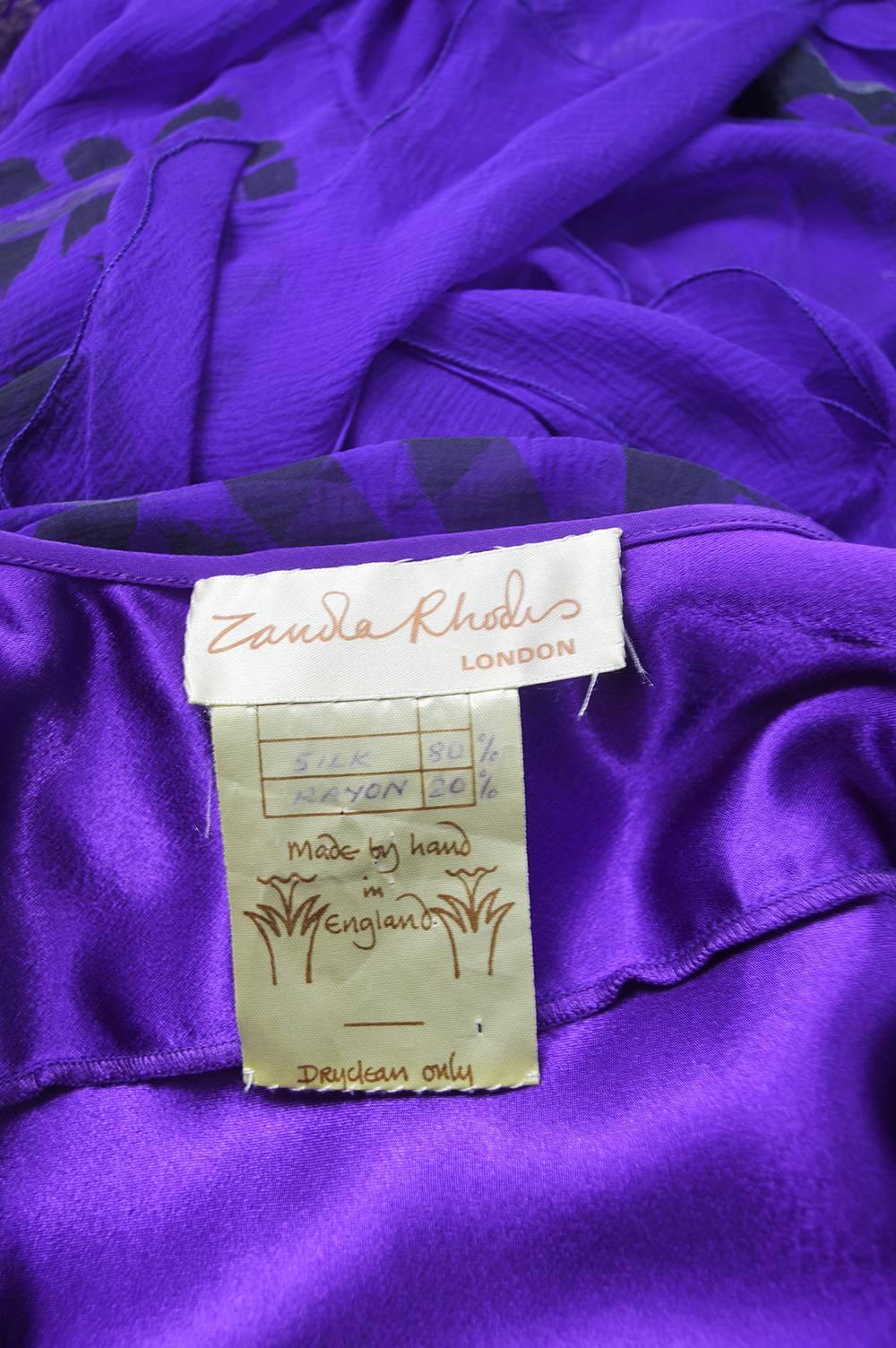 Zandra Rhodes Purple Floral Silk Chiffon Dress with Floor Length Train, c. 1970s 5