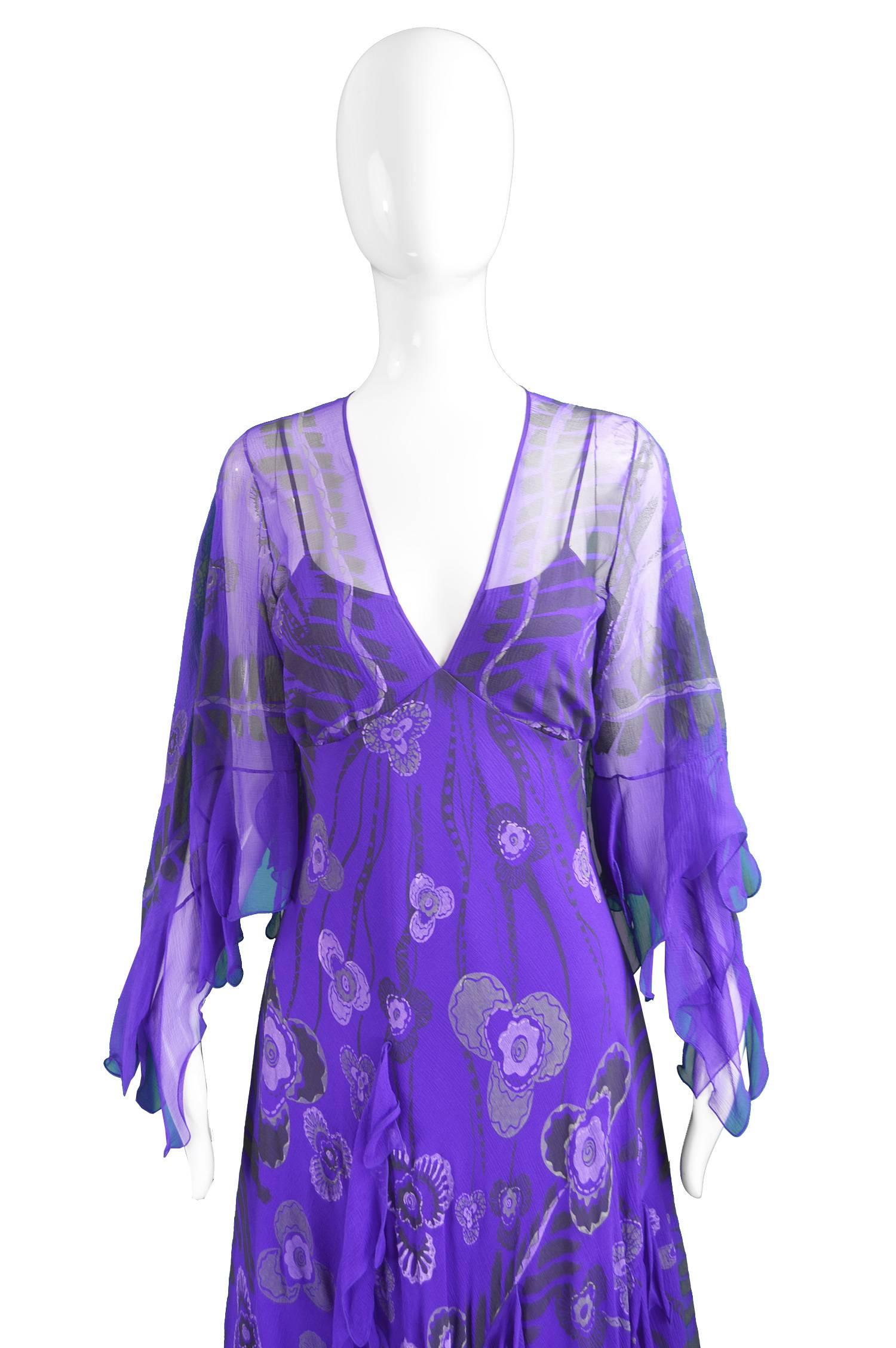 Zandra Rhodes Purple Floral Silk Chiffon Dress with Floor Length Train, c. 1970s In Excellent Condition In Doncaster, South Yorkshire