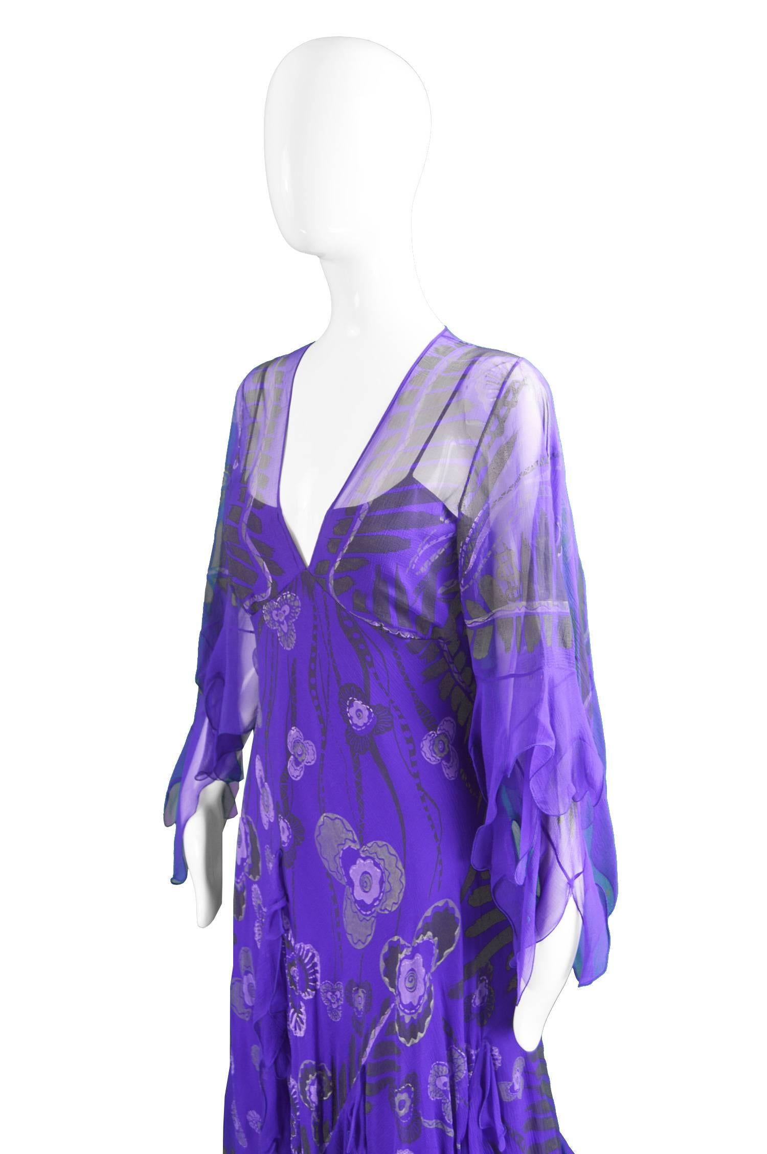 Zandra Rhodes Purple Floral Silk Chiffon Dress with Floor Length Train, c. 1970s 1