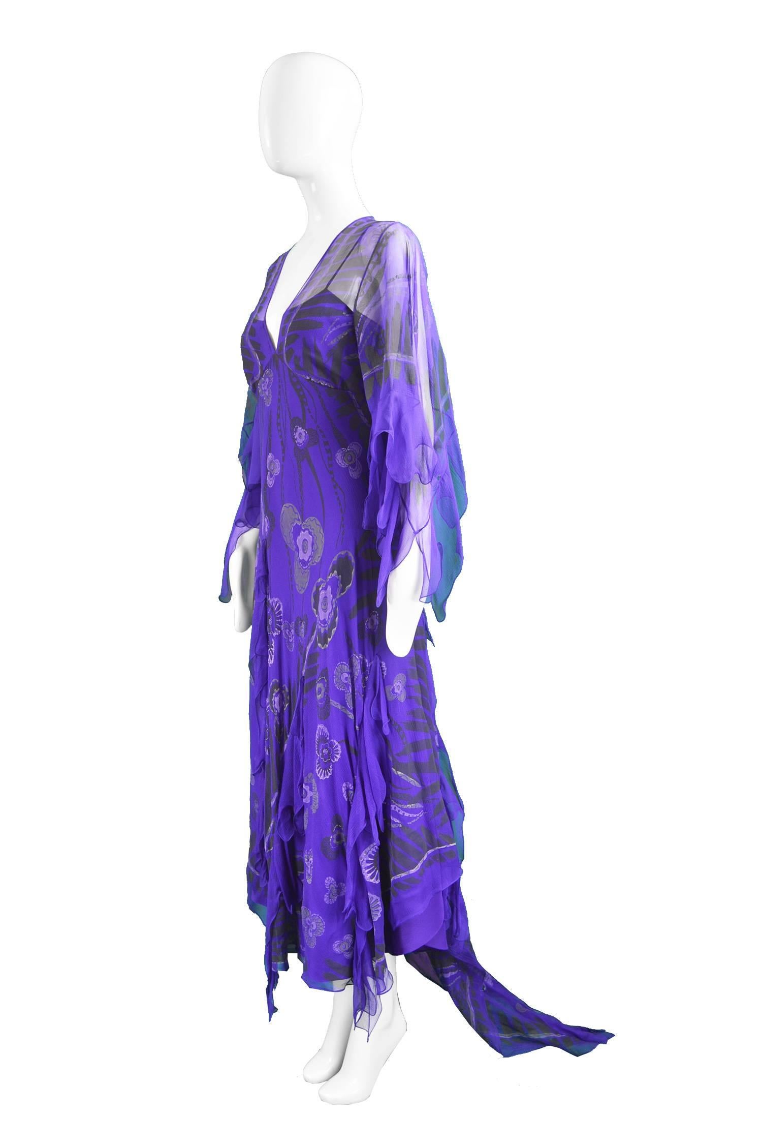Women's Zandra Rhodes Purple Floral Silk Chiffon Dress with Floor Length Train, c. 1970s For Sale