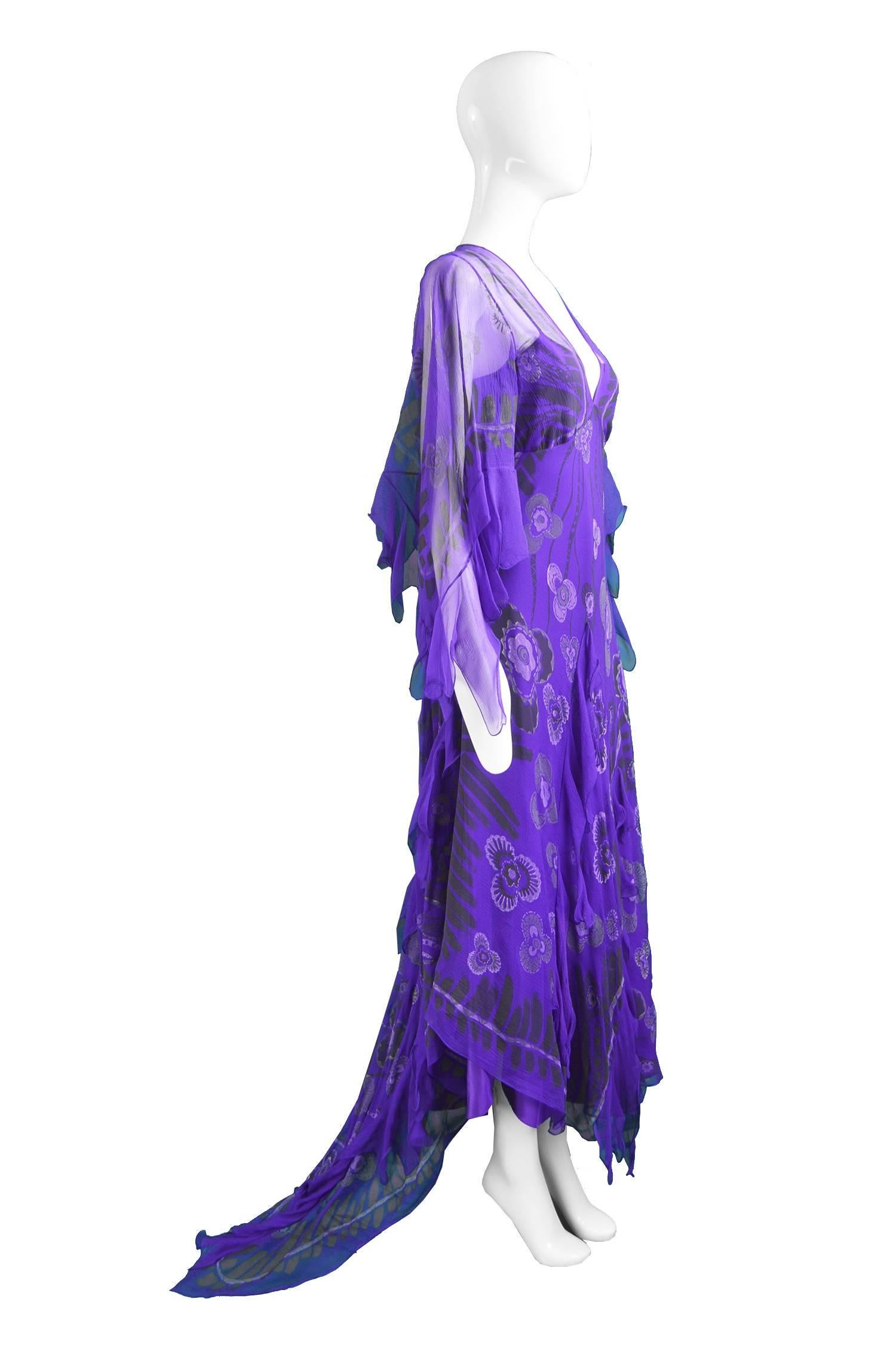 Zandra Rhodes Purple Floral Silk Chiffon Dress with Floor Length Train, c. 1970s 2