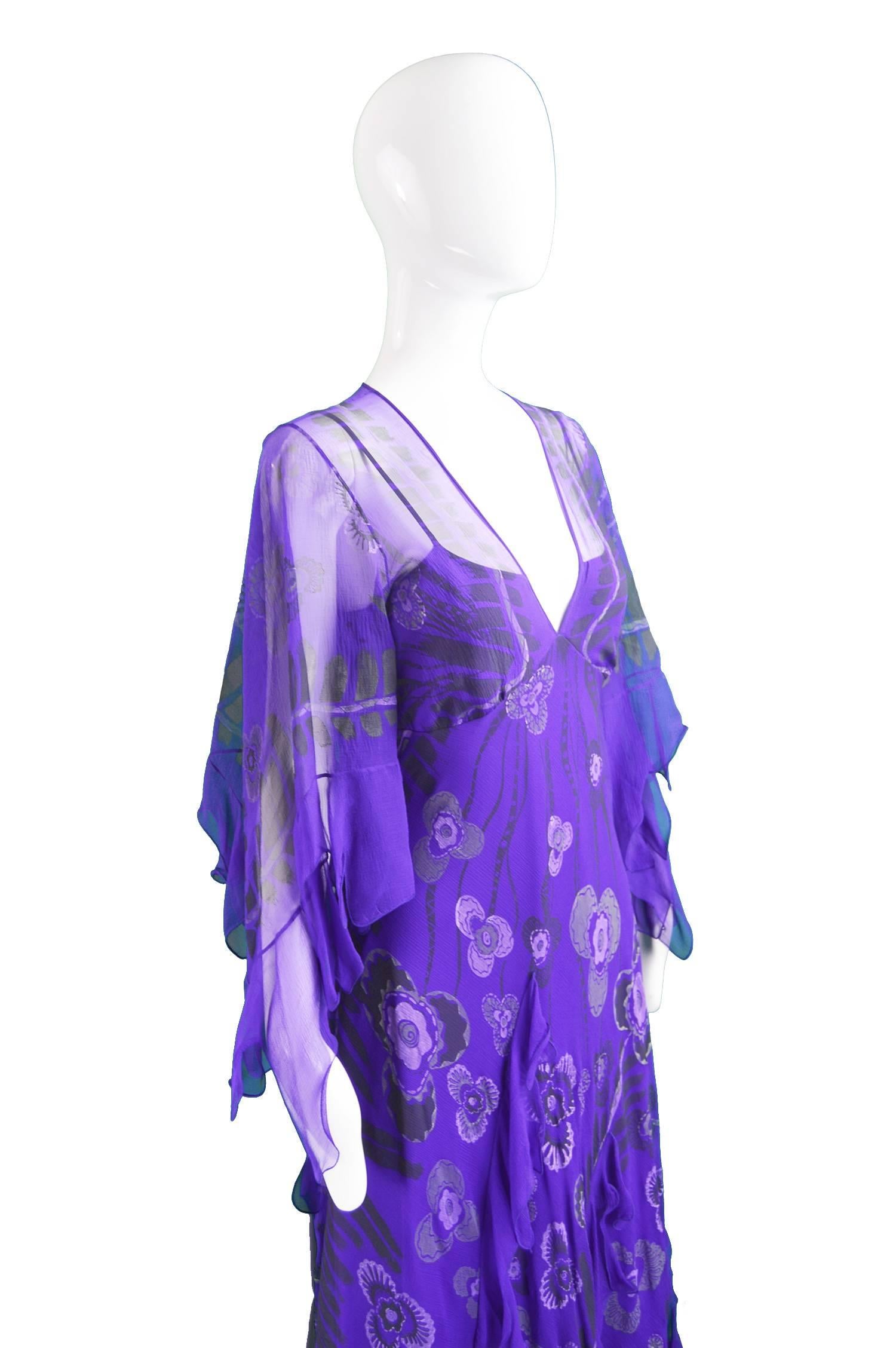 Zandra Rhodes Purple Floral Silk Chiffon Dress with Floor Length Train, c. 1970s 3