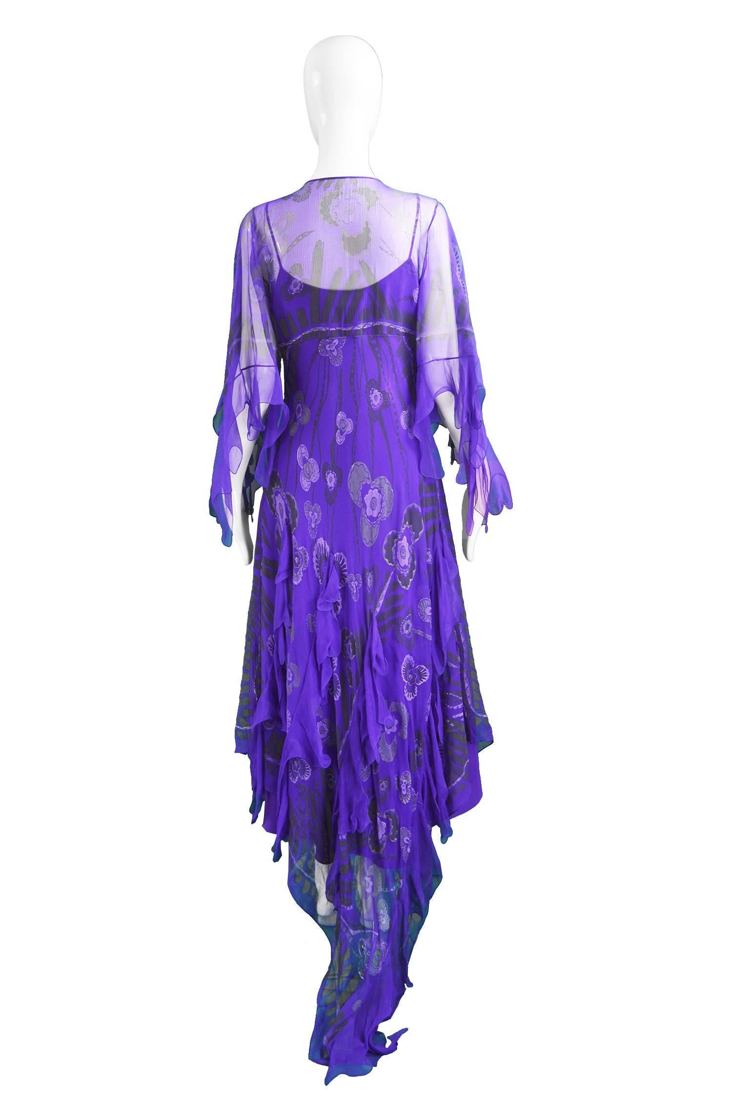 Zandra Rhodes Purple Floral Silk Chiffon Dress with Floor Length Train, c. 1970s 4