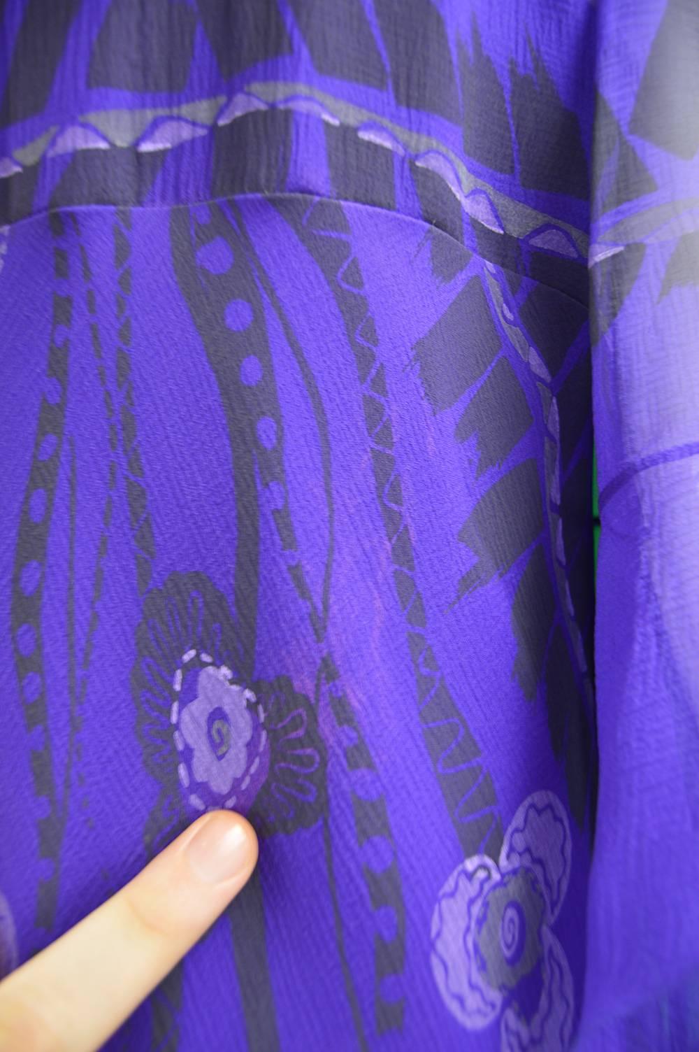 Zandra Rhodes Purple Floral Silk Chiffon Dress with Floor Length Train, c. 1970s 6
