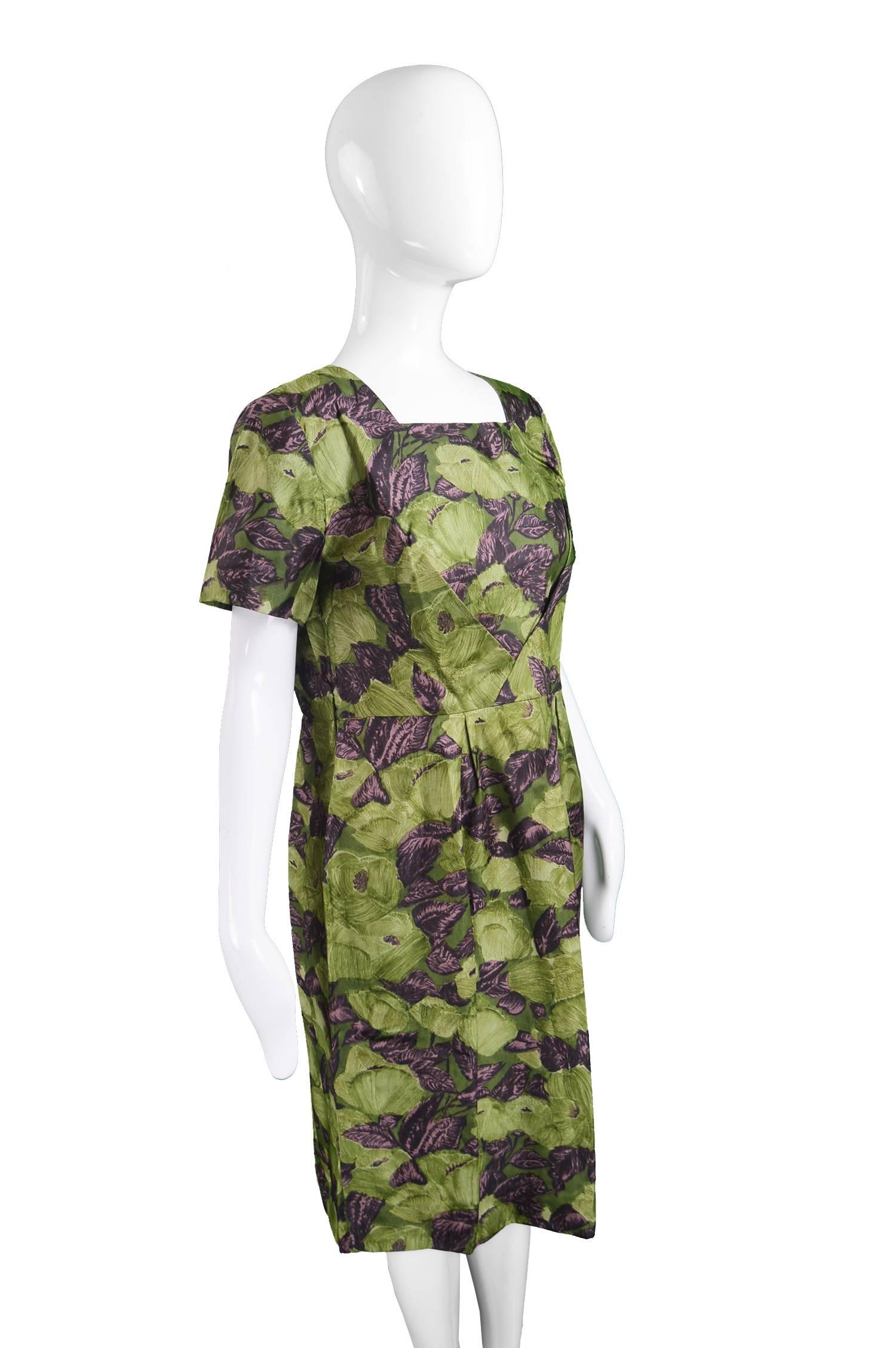 Women's Dellwood Model Green Floral Silk Two Piece Dress & Jacket Set, c. 1960s