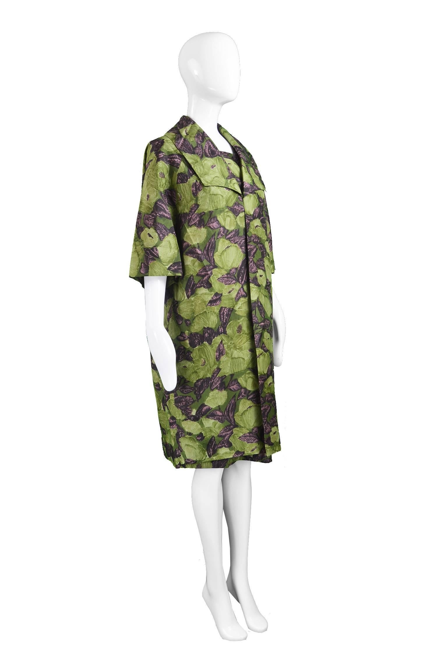 Dellwood Model Green Floral Silk Two Piece Dress & Jacket Set, c. 1960s 1