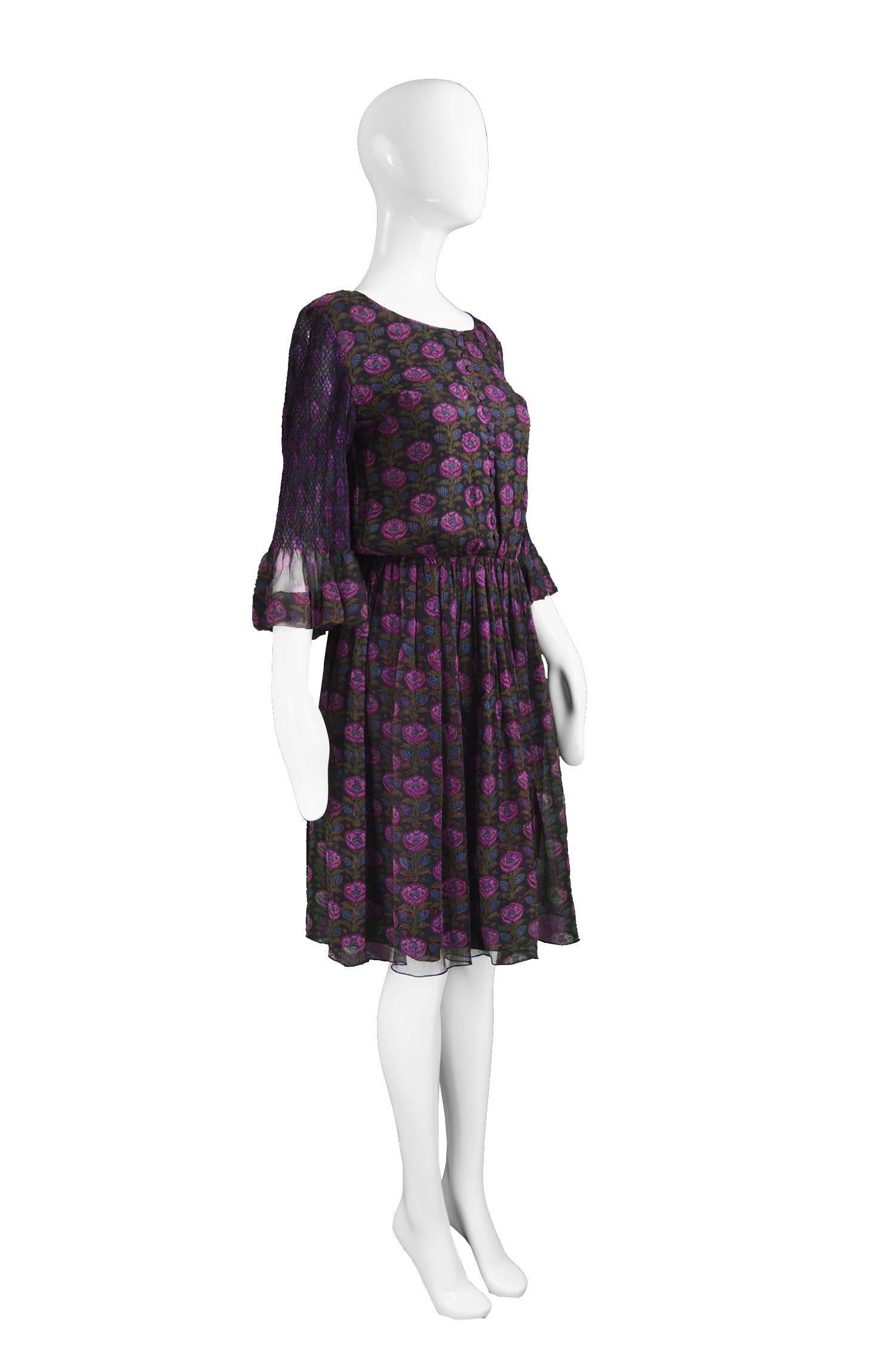 Treacy Lowe Indian Silk Chiffon Black & Purple Floral Embroidered Dress, 1970s 2