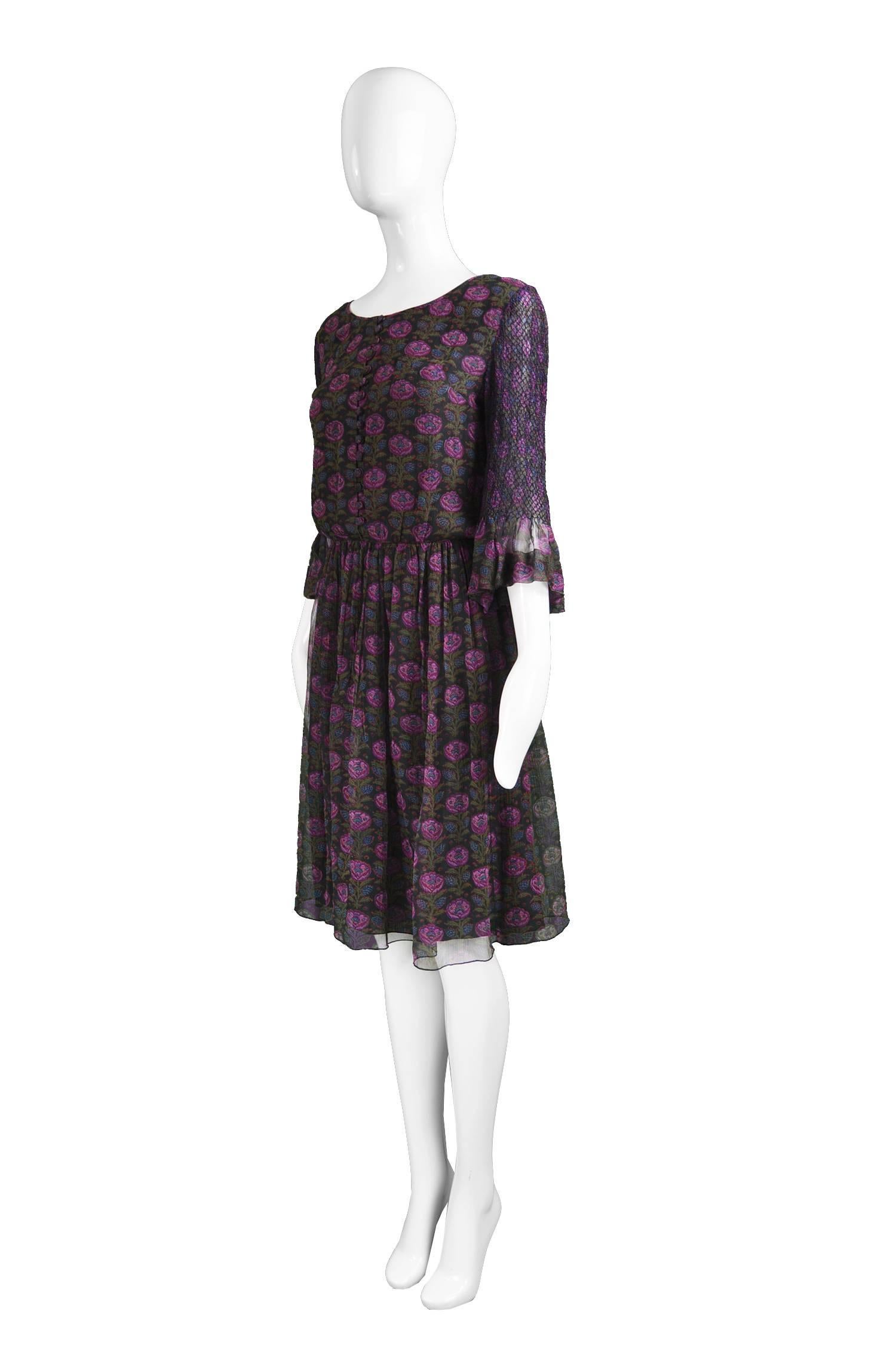 Treacy Lowe Indian Silk Chiffon Black & Purple Floral Embroidered Dress, 1970s 1