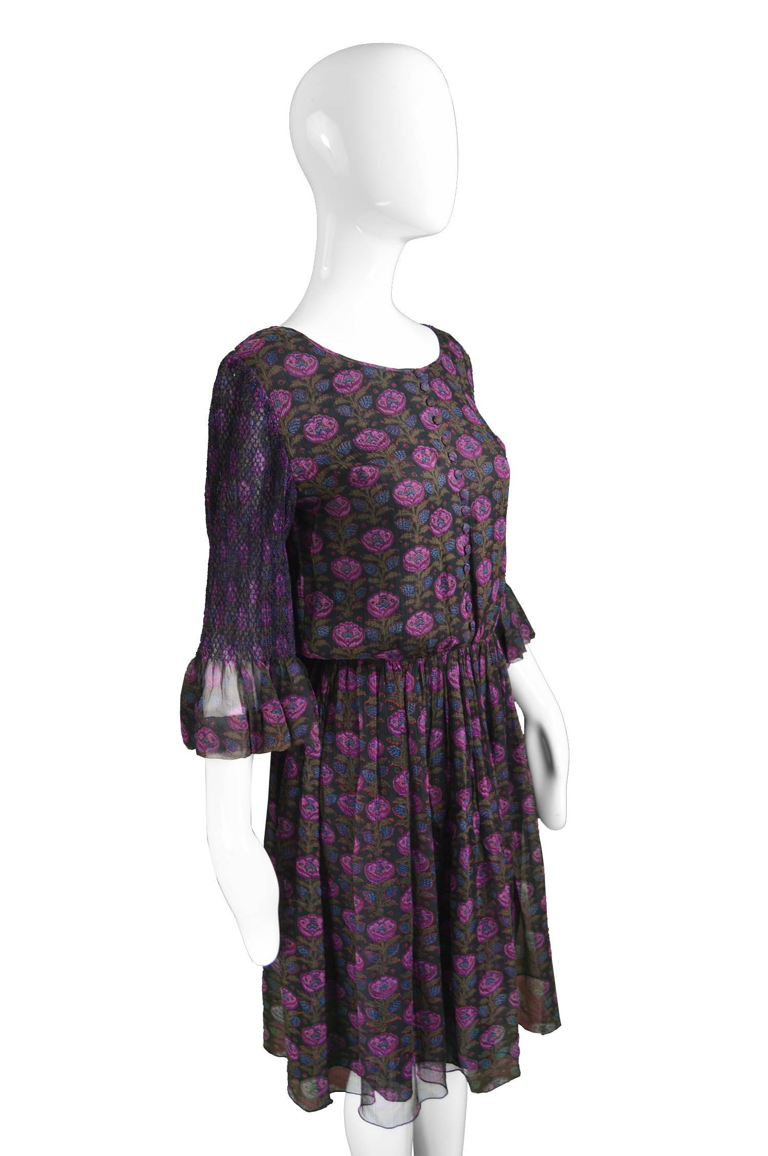 Treacy Lowe Indian Silk Chiffon Black & Purple Floral Embroidered Dress, 1970s 3