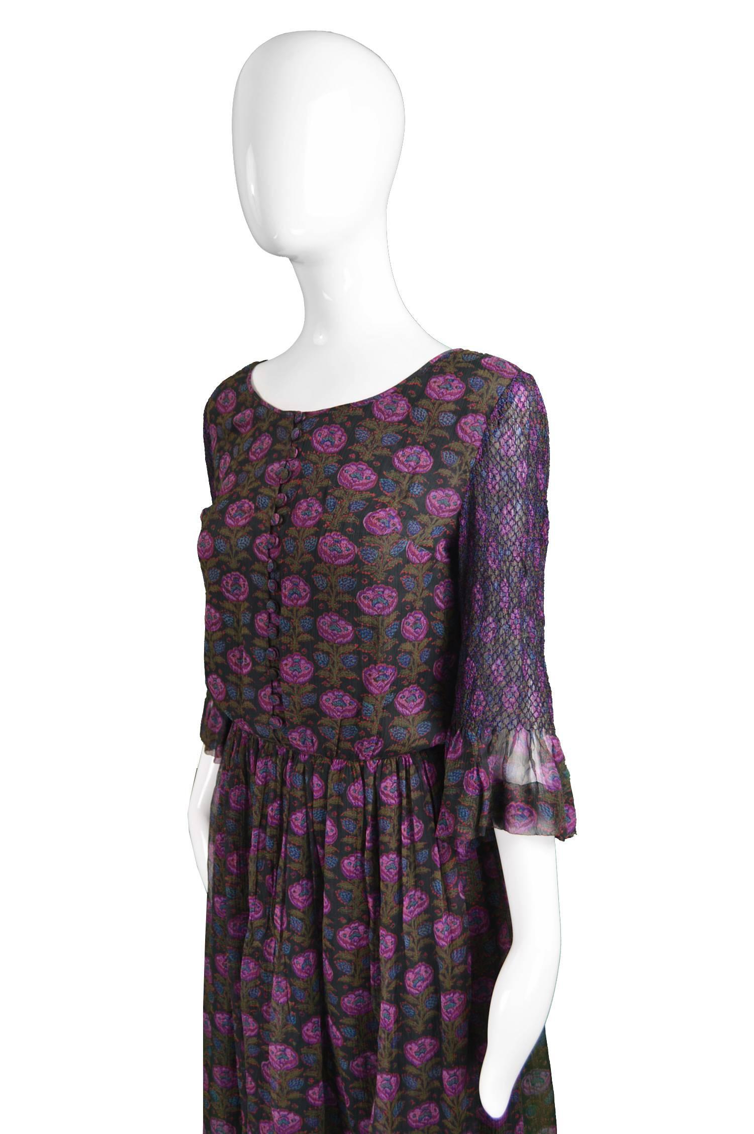 Treacy Lowe Indian Silk Chiffon Black & Purple Floral Embroidered Dress, 1970s In Excellent Condition In Doncaster, South Yorkshire