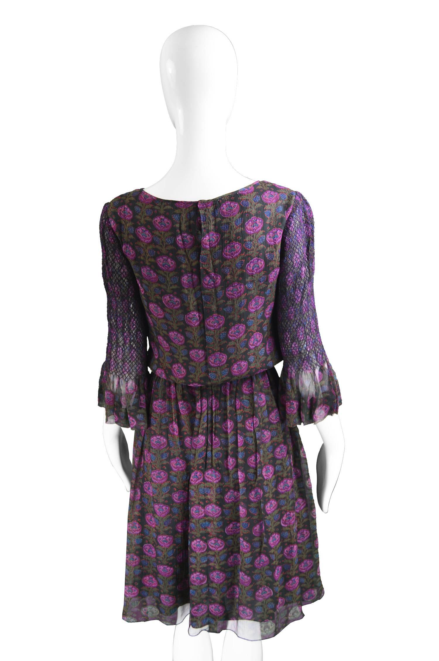 Treacy Lowe Indian Silk Chiffon Black & Purple Floral Embroidered Dress, 1970s 4