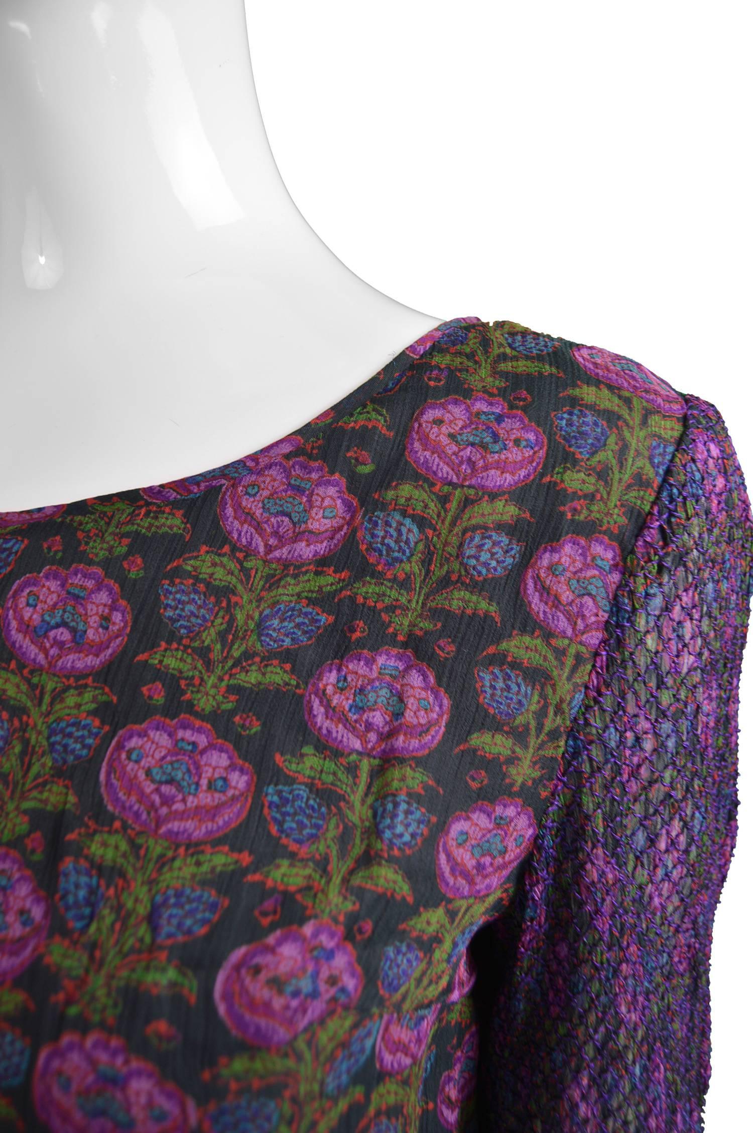Women's Treacy Lowe Indian Silk Chiffon Black & Purple Floral Embroidered Dress, 1970s