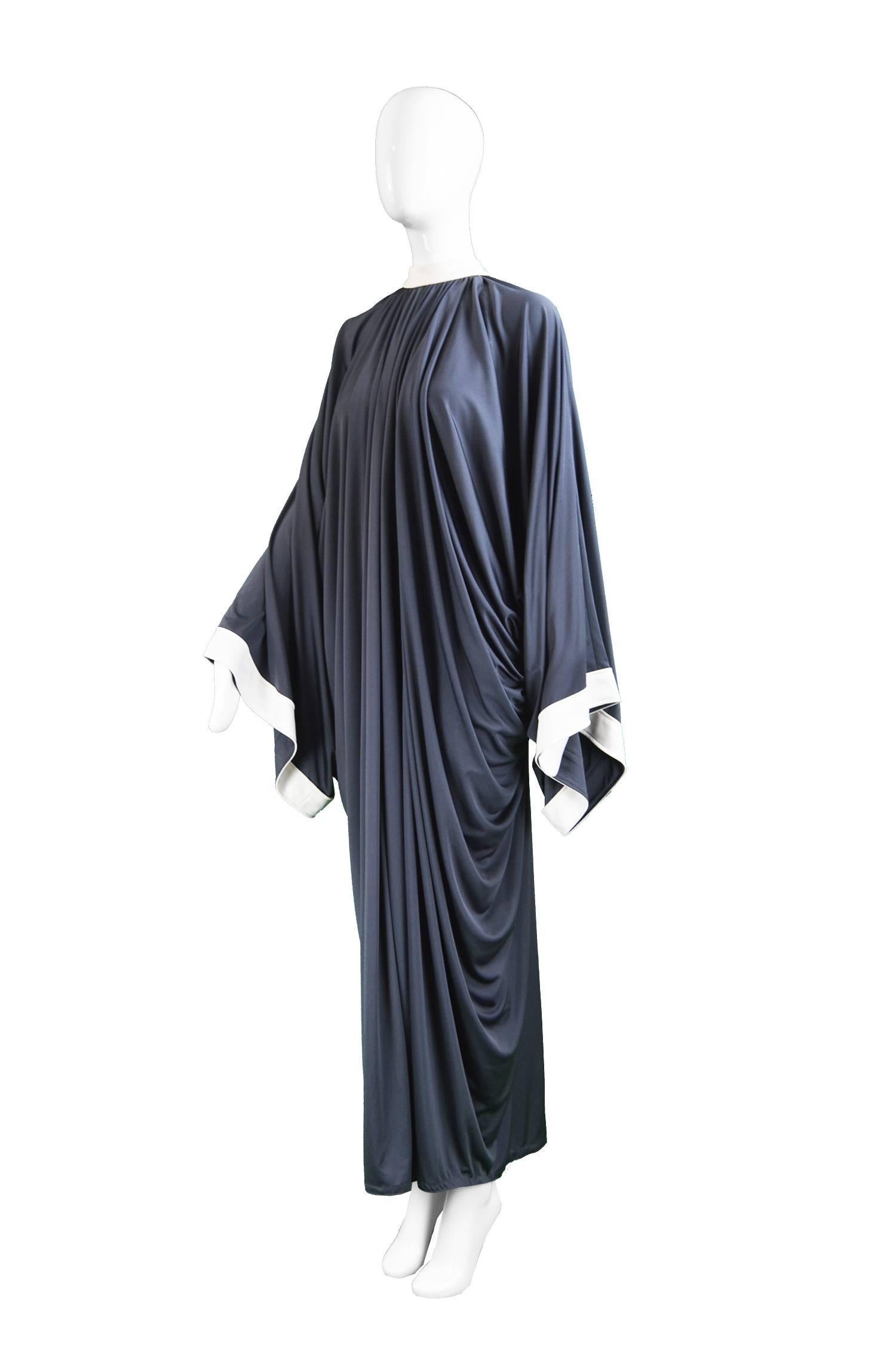 Black Yuki Draped Jersey Monastic Grey Kimono Sleeve Evening Gown, 1970s