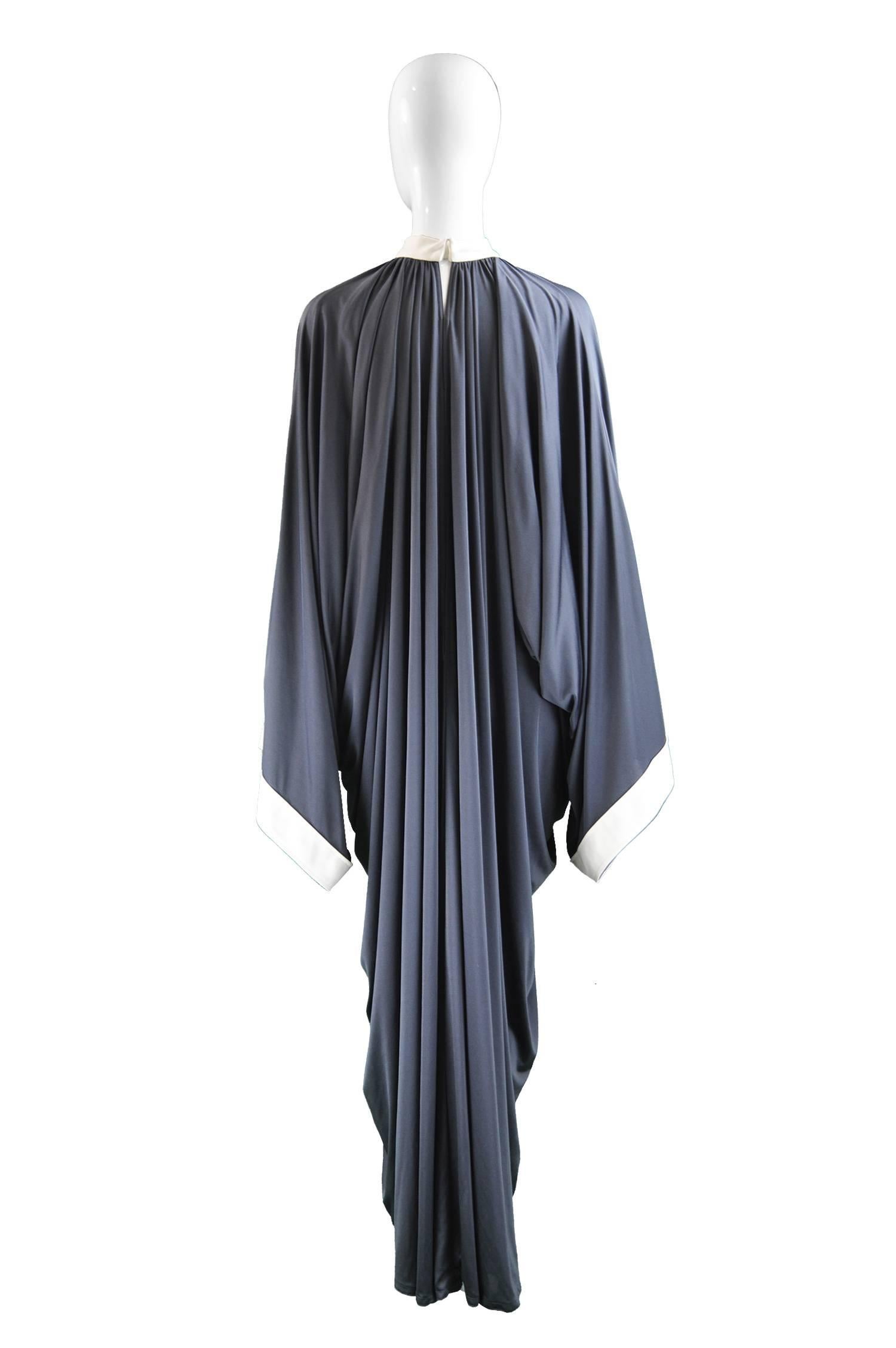 Yuki Draped Jersey Monastic Grey Kimono Sleeve Evening Gown, 1970s 4