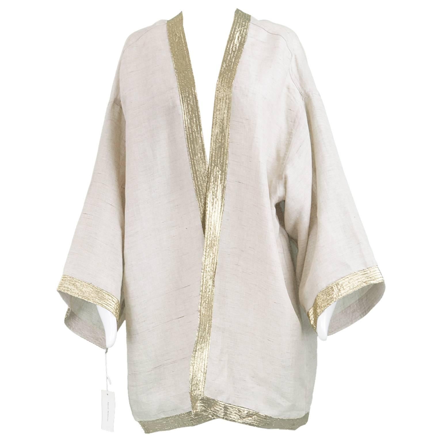Unworn Isaac Mizrahi Vintage Beige Linen & Gold Lamé Kimono Jacket, 1990s
