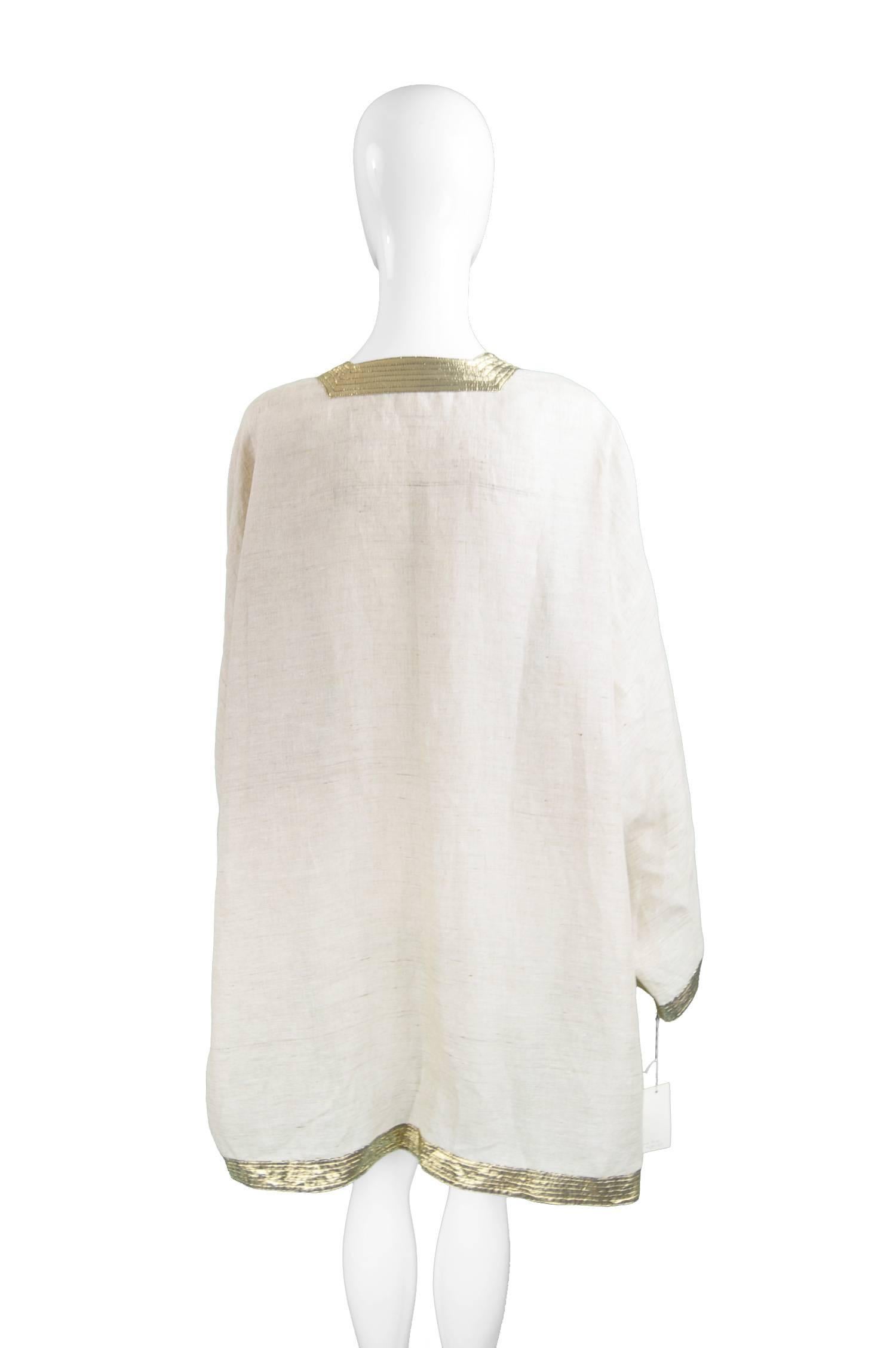 Unworn Isaac Mizrahi Vintage Beige Linen & Gold Lamé Kimono Jacket, 1990s 2