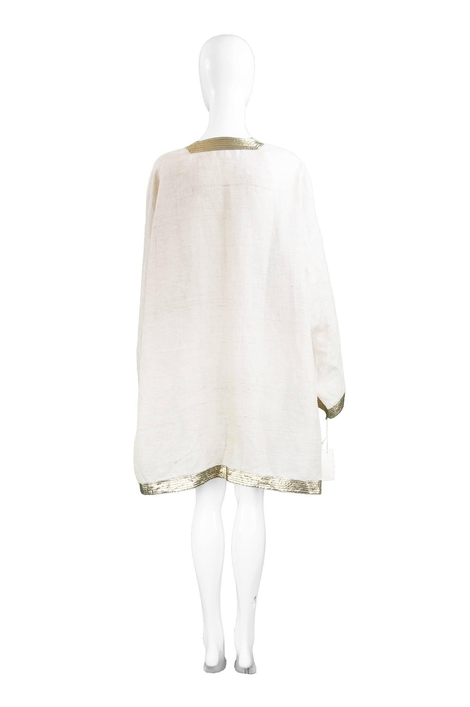 Unworn Isaac Mizrahi Vintage Beige Linen & Gold Lamé Kimono Jacket, 1990s 3