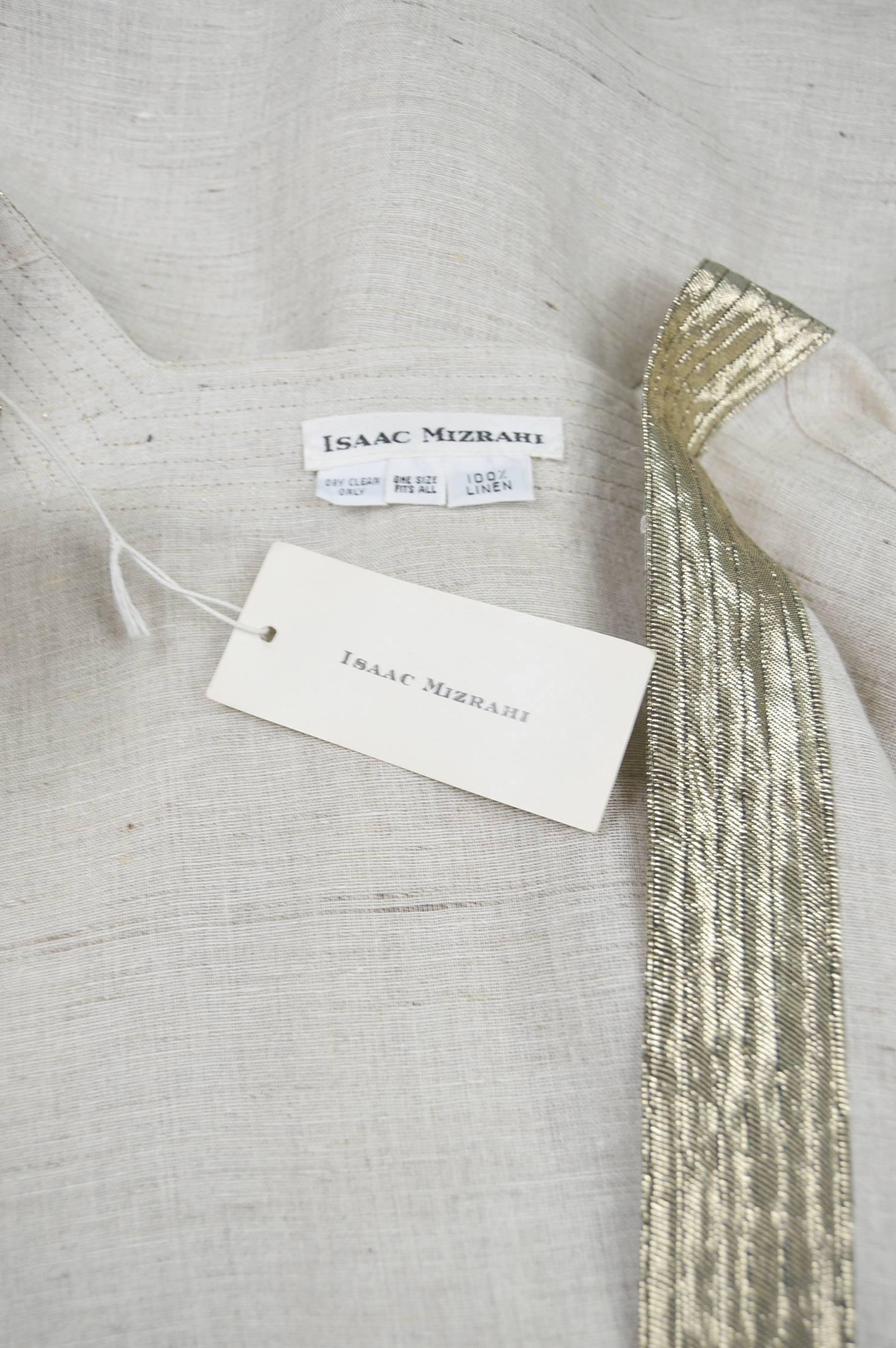 Unworn Isaac Mizrahi Vintage Beige Linen & Gold Lamé Kimono Jacket, 1990s 4