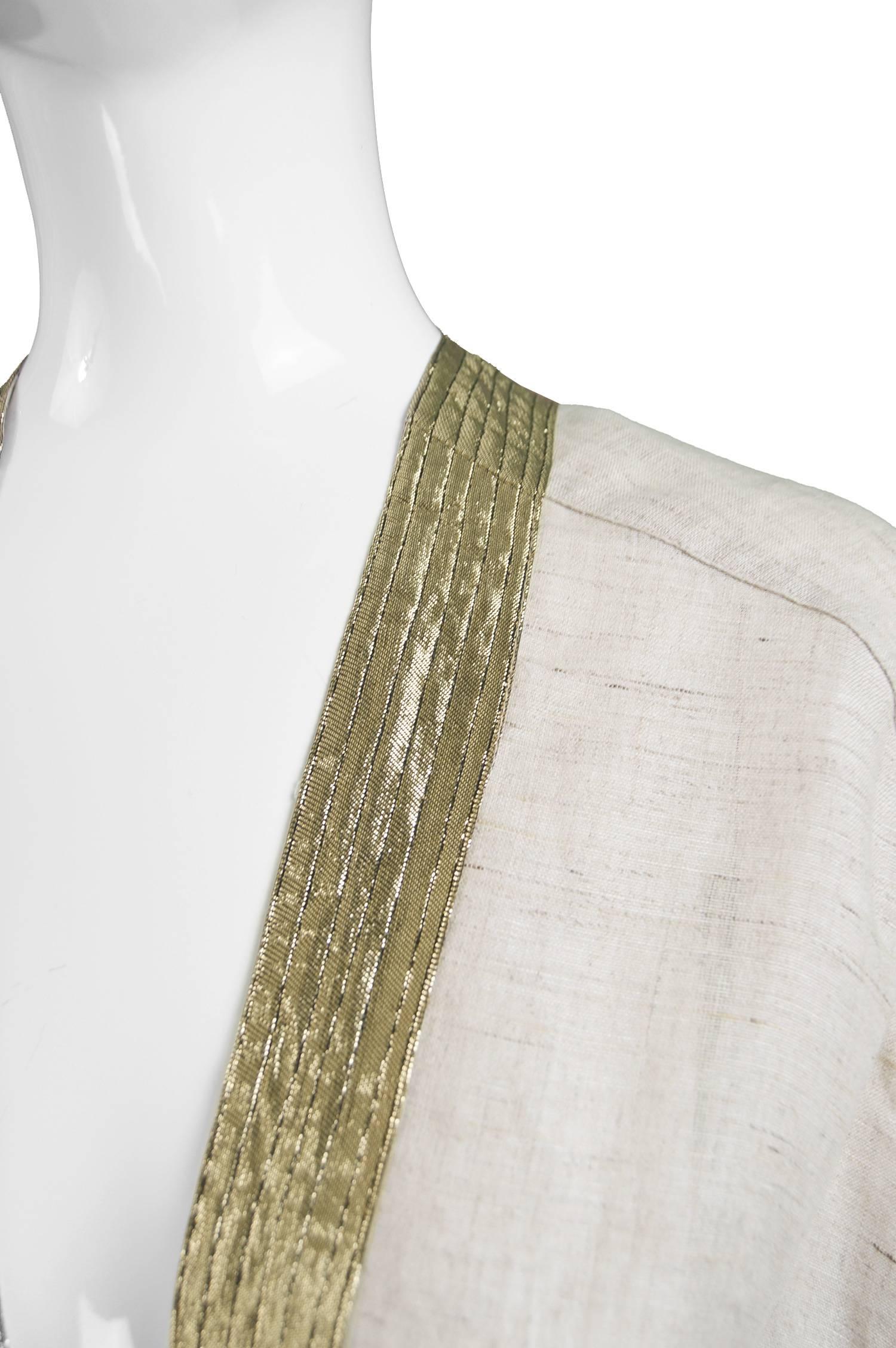 Unworn Isaac Mizrahi Vintage Beige Linen & Gold Lamé Kimono Jacket, 1990s 1