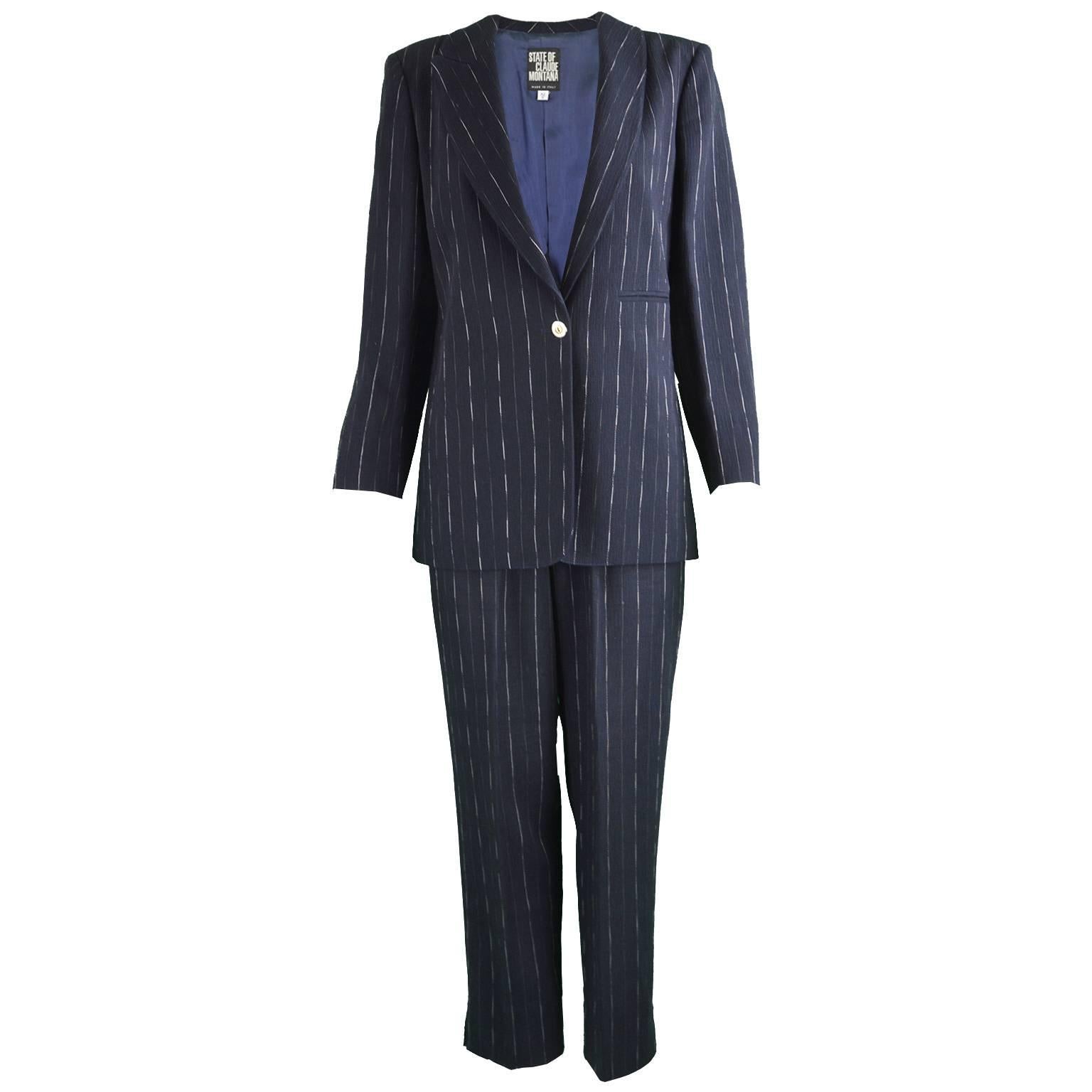 Claude Montana Women's Vintage Navy Blue Wool Pinstripe 2 Piece Pant Suit, 1990s For Sale