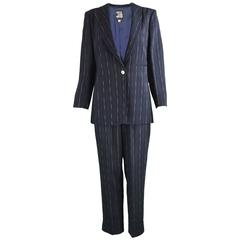 Claude Montana Women's Vintage Navy Blue Wool Pinstripe 2 Piece Pant Suit, 1990s