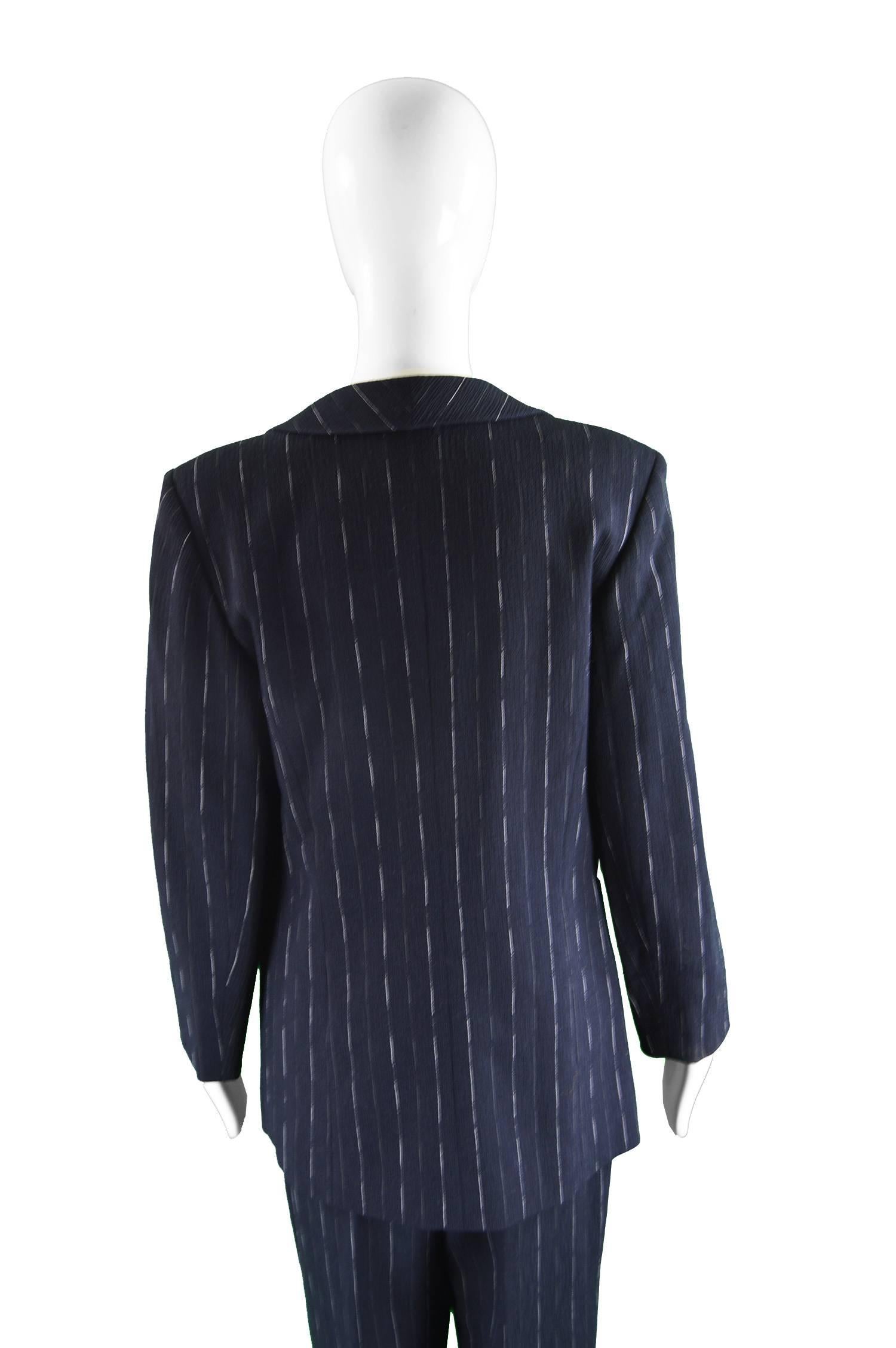 Claude Montana Women's Vintage Navy Blue Wool Pinstripe 2 Piece Pant Suit, 1990s For Sale 1