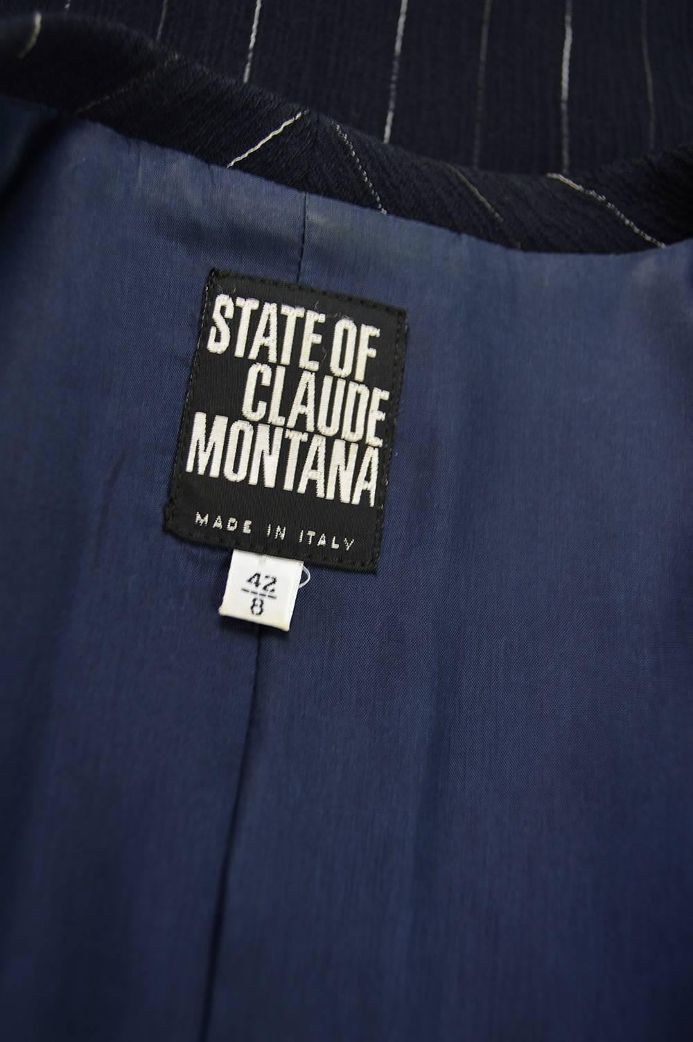 Claude Montana Women's Vintage Navy Blue Wool Pinstripe 2 Piece Pant Suit, 1990s For Sale 4